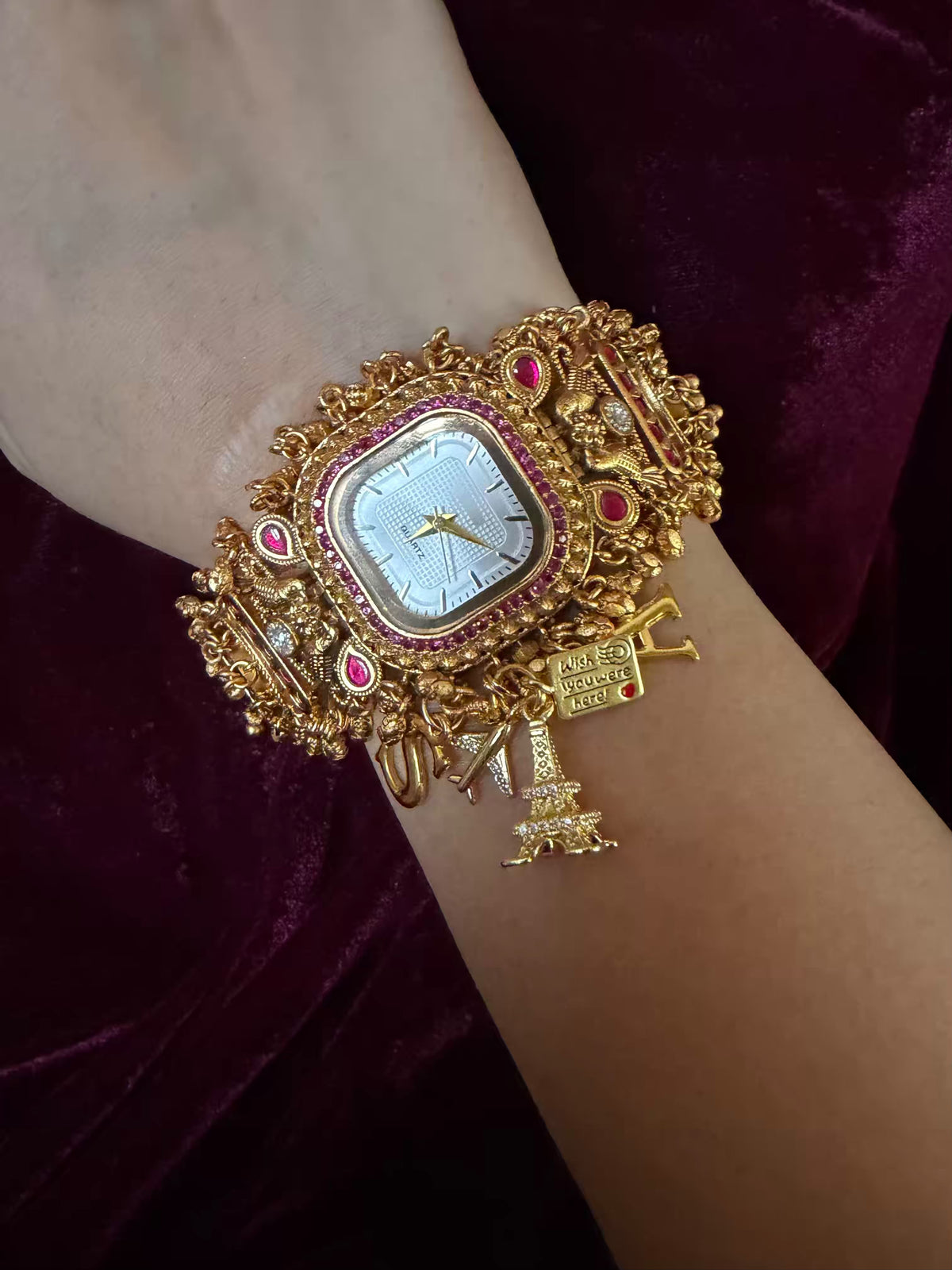 Ruby Charm Pink Stone Square Dial Maharani Watch Bracelet
