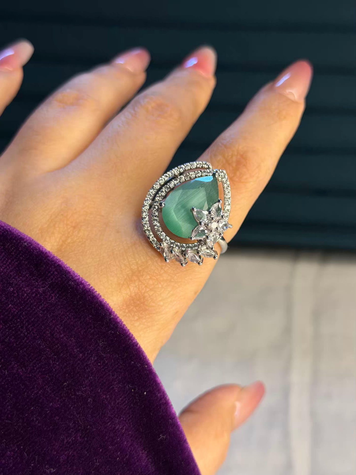 Pastel Green Stone Silver Plated Premium Ring (Adjustable)