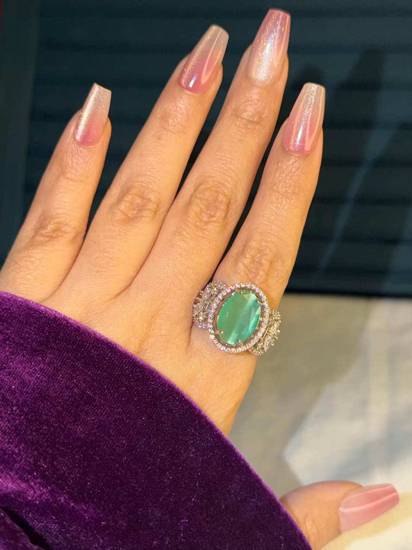 Pastel Green Empress Silver Plated Premium Ring (Adjustable)