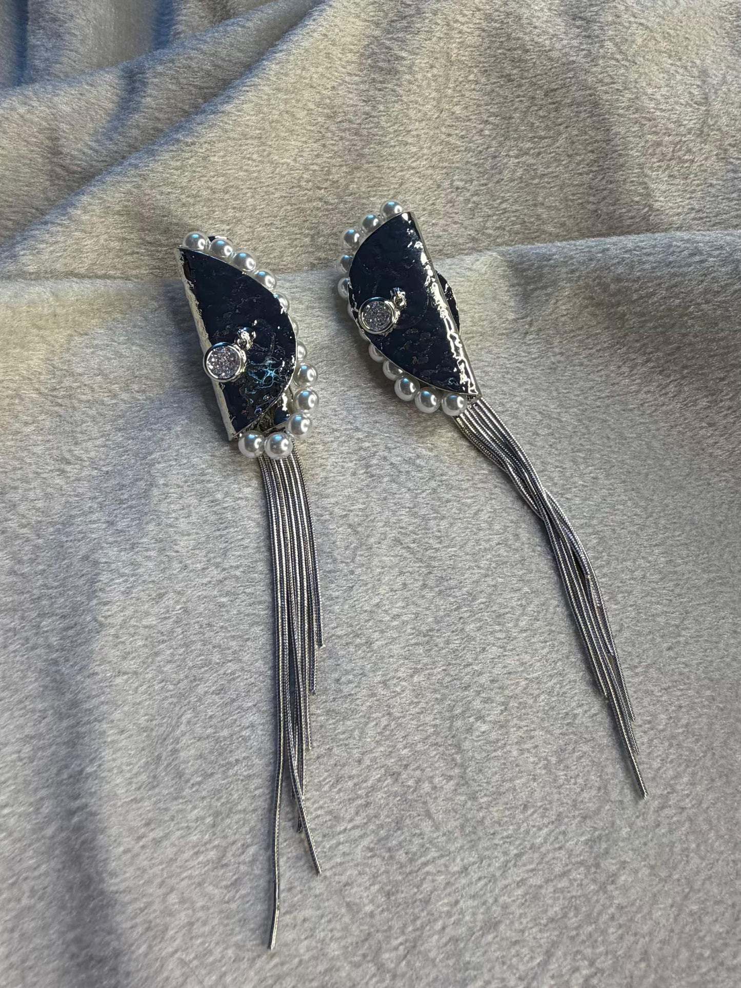 Silver Pearl Tassel Statement Silver Plated Earrings