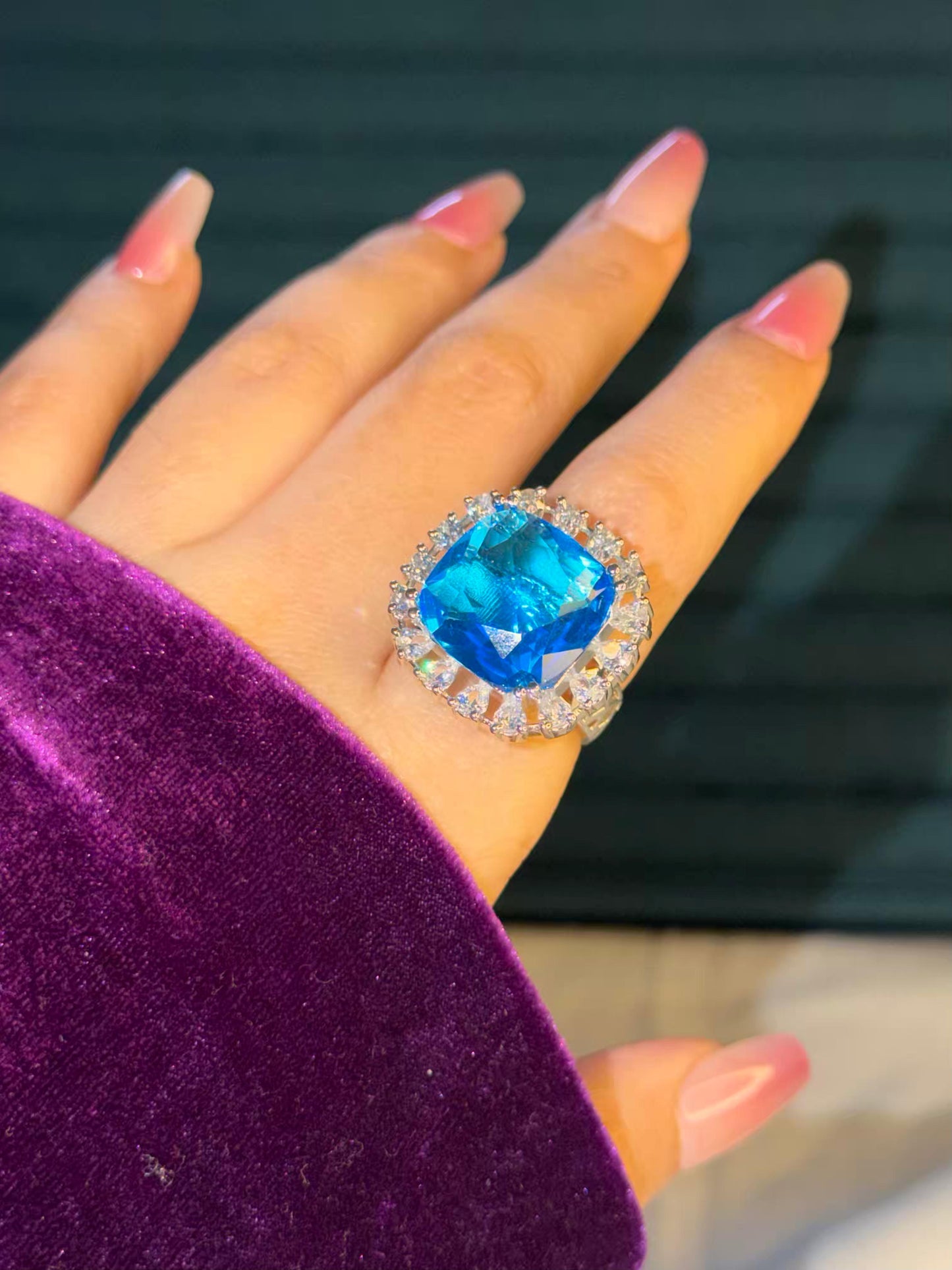 Aqua Blue Square Statement Silver Plated Premium Ring (Adjustable)