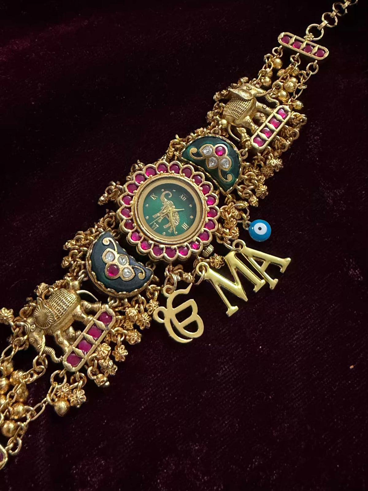 Emerald Green Ruby Halo Round Dial Evil Eye Charm Heritage Maharani Watch Bracelet