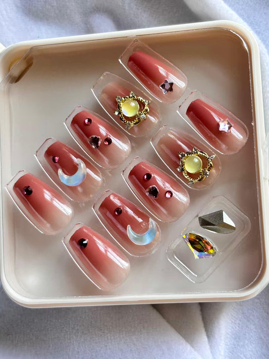 Acrylic Premium Pink Neon Soft Bow Fancy Press On Nails ( Set of 10 )
