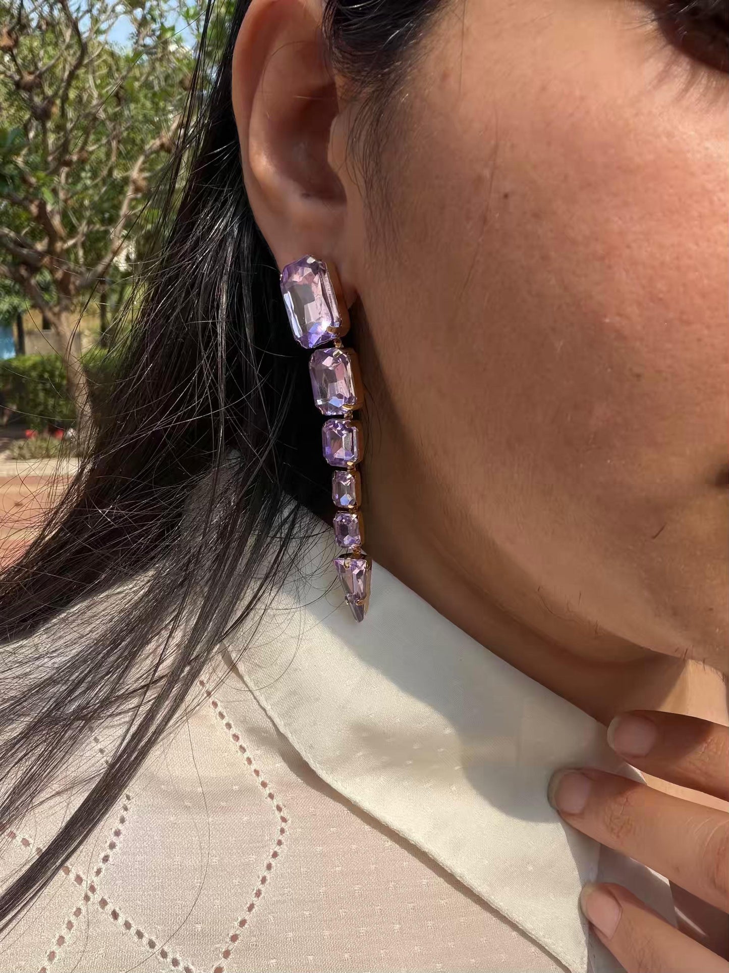 Purple Square Stones Long Gold Plated Earrings