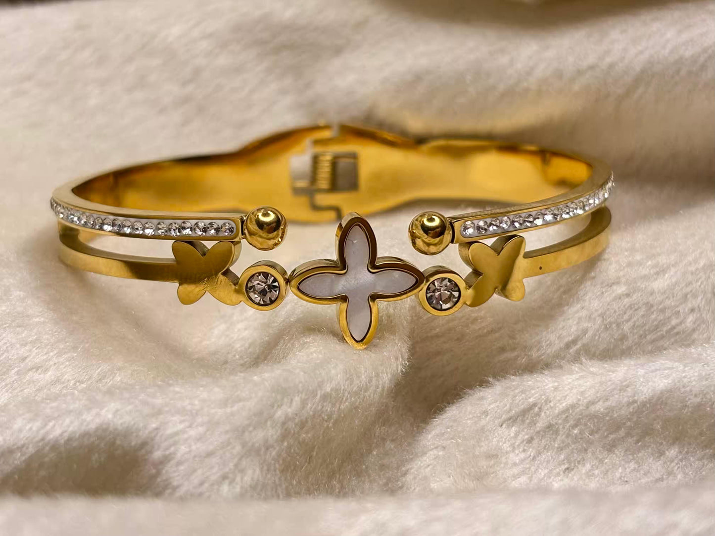 For Thin Wrist White Studded Clover Bangle 18K Gold plated Premium Bangle 2.2 - 2.4 Size