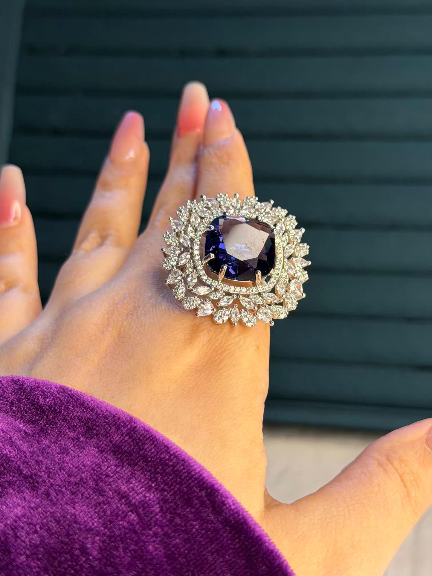 Purple Crystal Petals Edge Silver Plated Premium Ring (Adjustable)