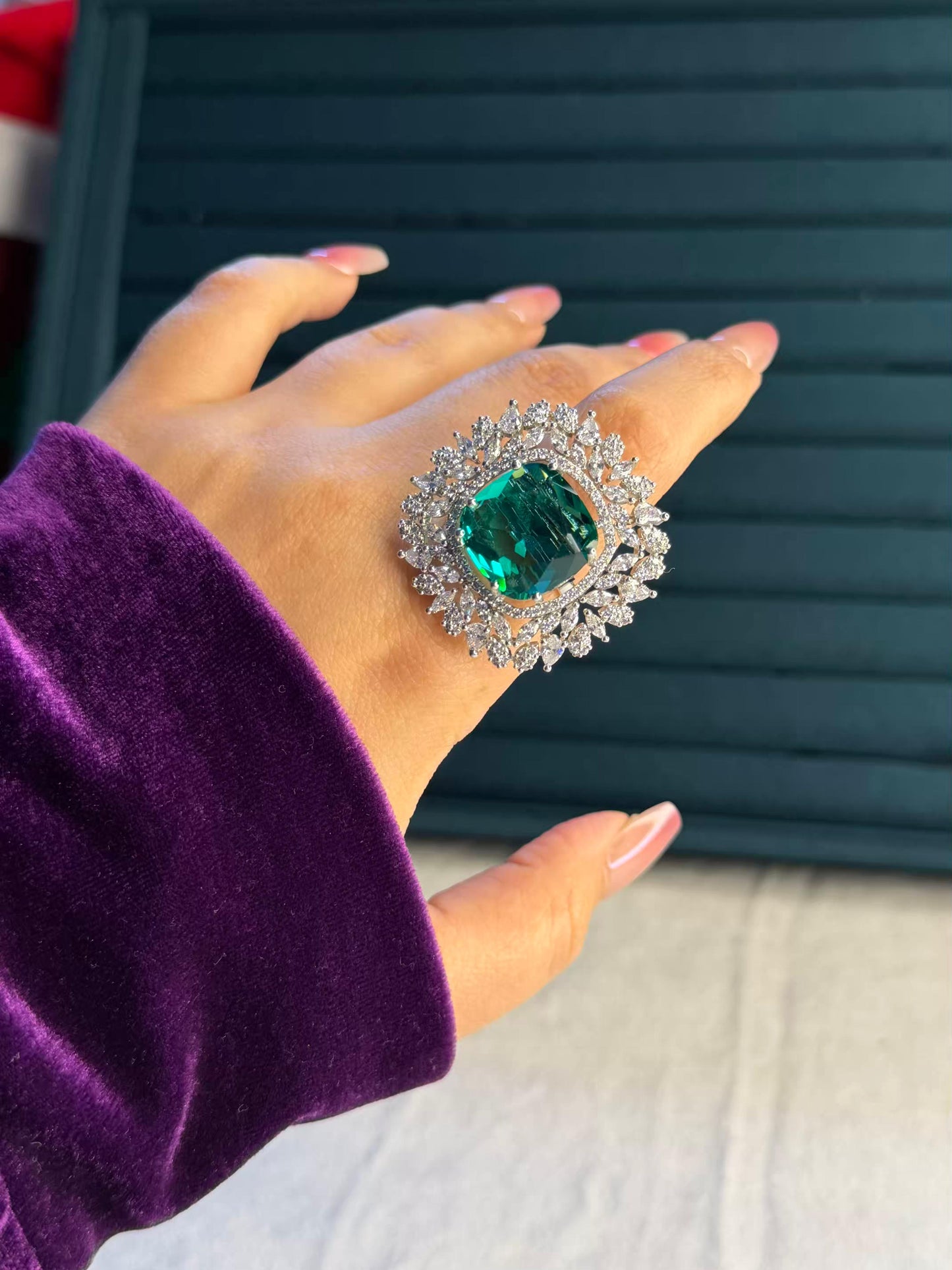 Green Square Diamond Edge Statement Silver Plated Premium Ring (Adjustable)