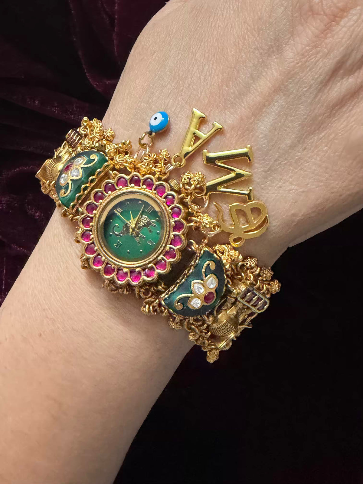 Emerald Green Ruby Halo Round Dial Evil Eye Charm Heritage Maharani Watch Bracelet