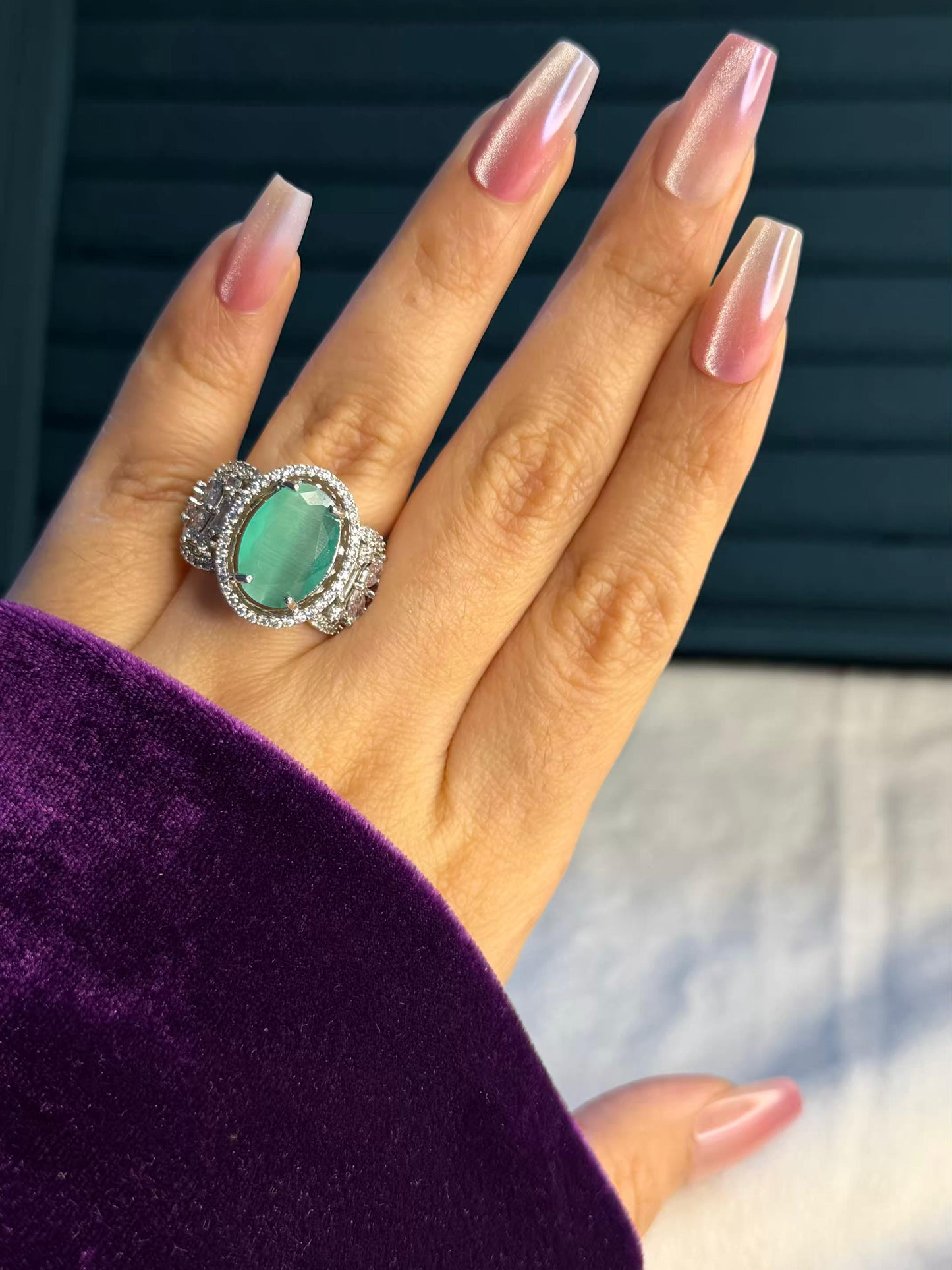 Pastel Green Empress Silver Plated Premium Ring (Adjustable)