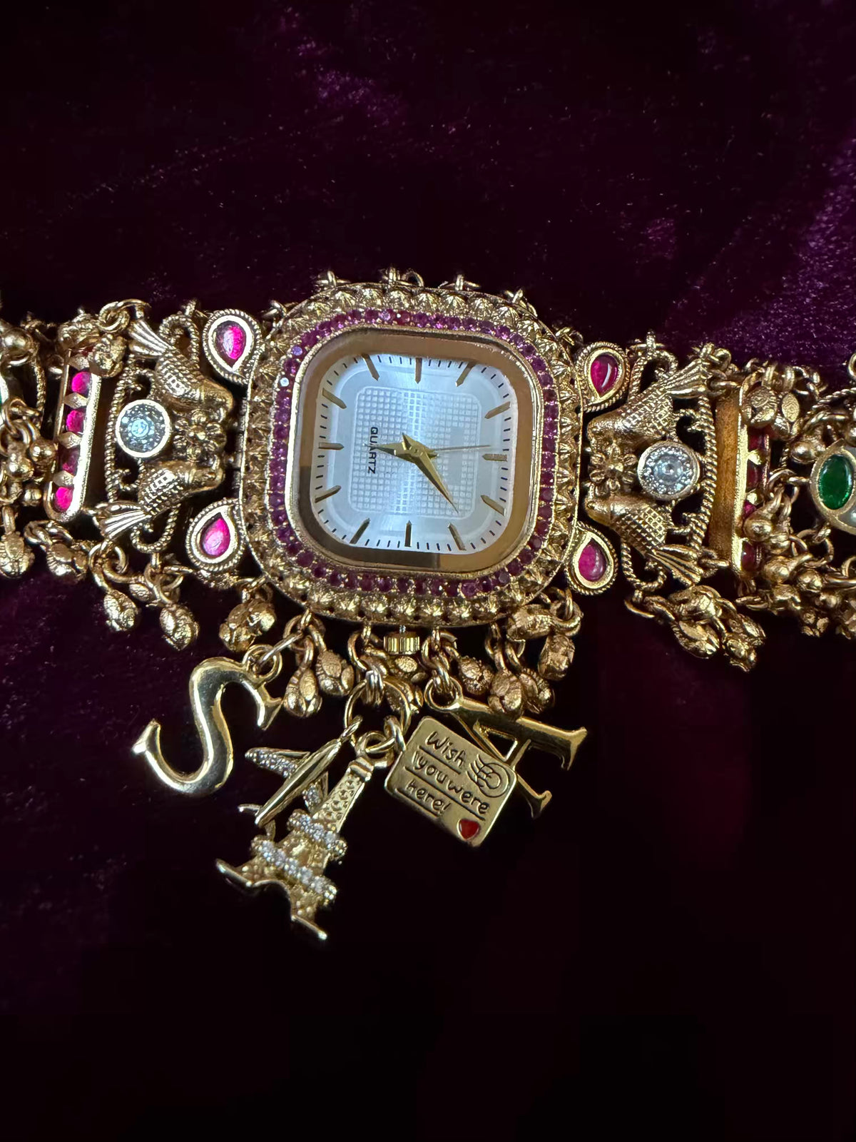 Ruby Charm Pink Stone Square Dial Maharani Watch Bracelet
