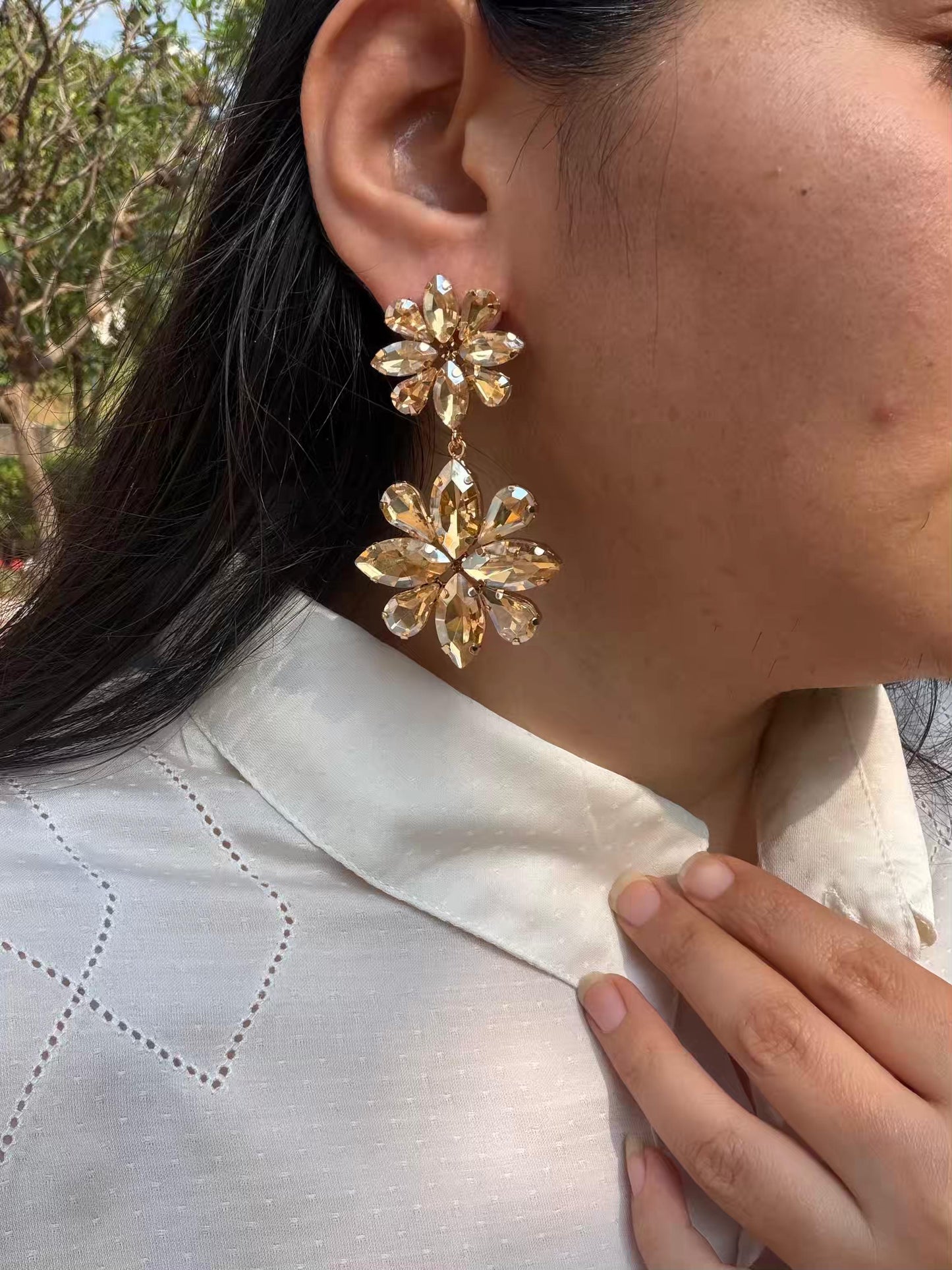 Double Flower Colour Long Gold Plated Earrings