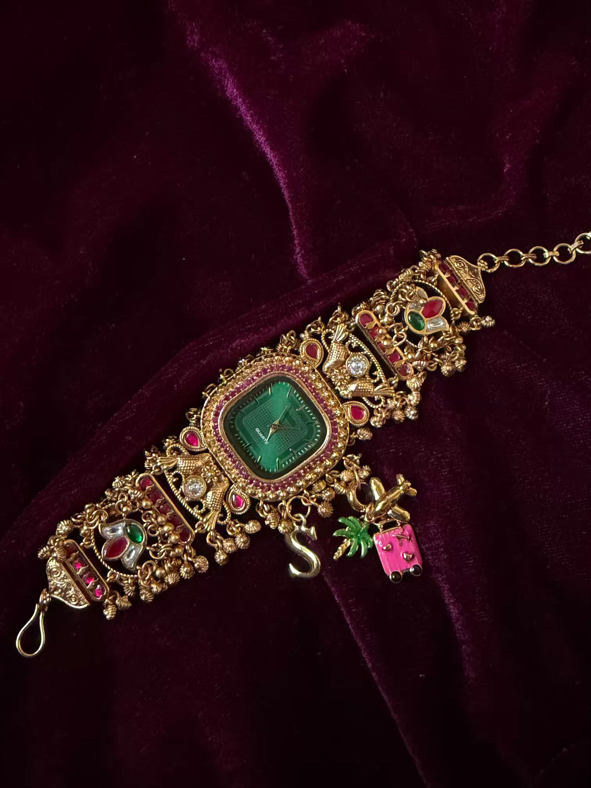 Emerald Royale Pineapple Charm Dial Maharani Watch Bracelet – Gold & Ruby Pink