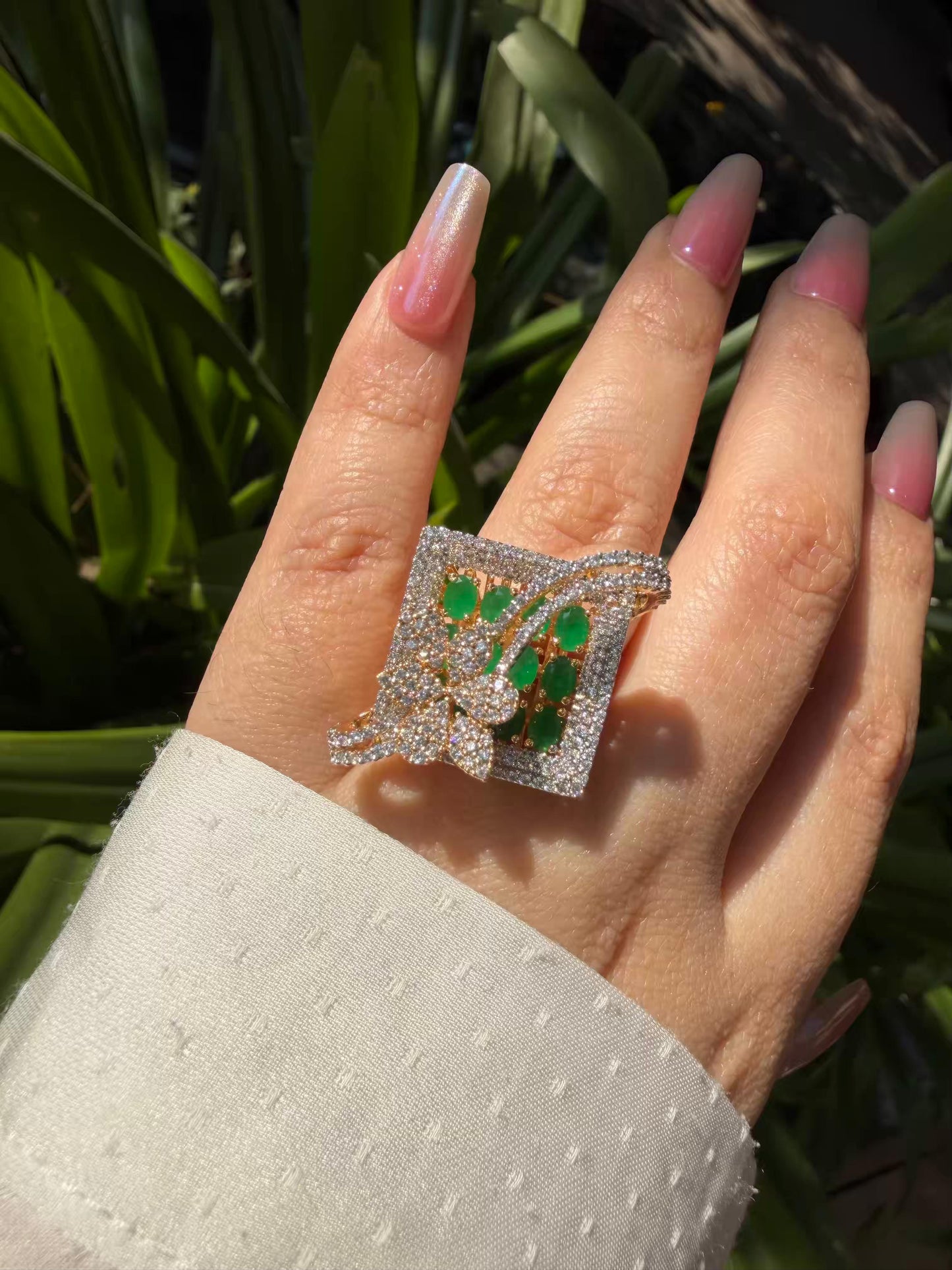 Emerald Crest Statement Silver Plated Ring