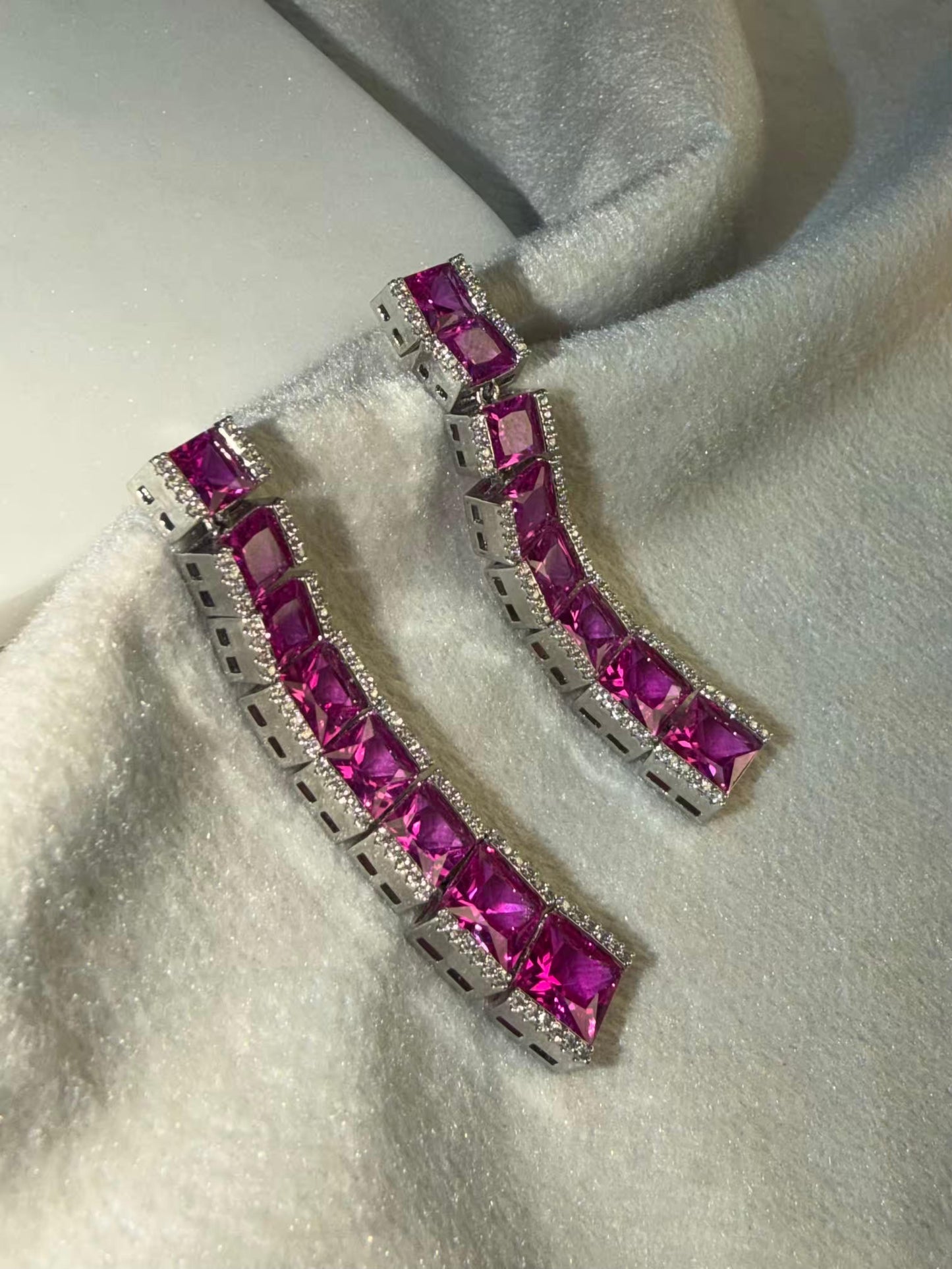 Magenta Ruby Linear Luxury Party Wedding Rhodium Silver Plating Earrings