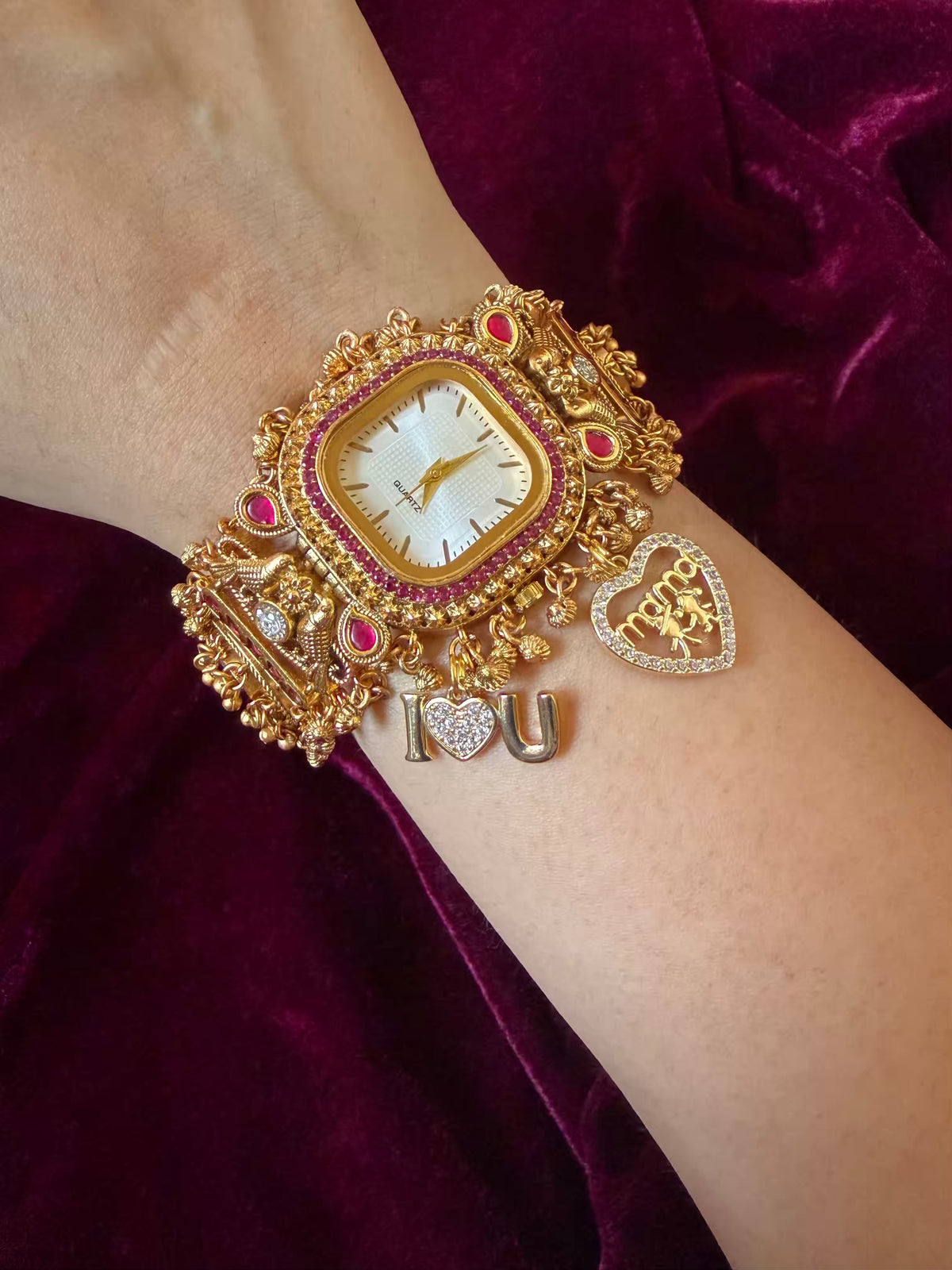 I  Love You Maharani Square Dial Heritage Watch Bracelet in Premium Swarovski – Gold & Ruby Pink