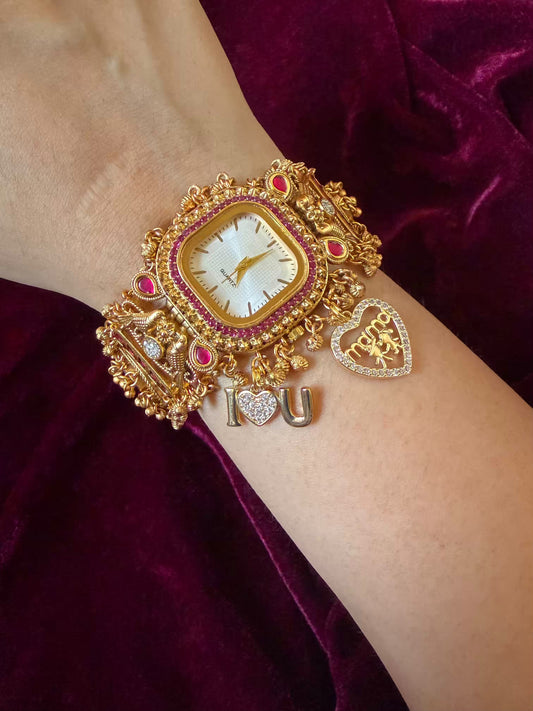 I  Love You Maharani Square Dial Heritage Watch Bracelet in Premium Swarovski – Gold & Ruby Pink