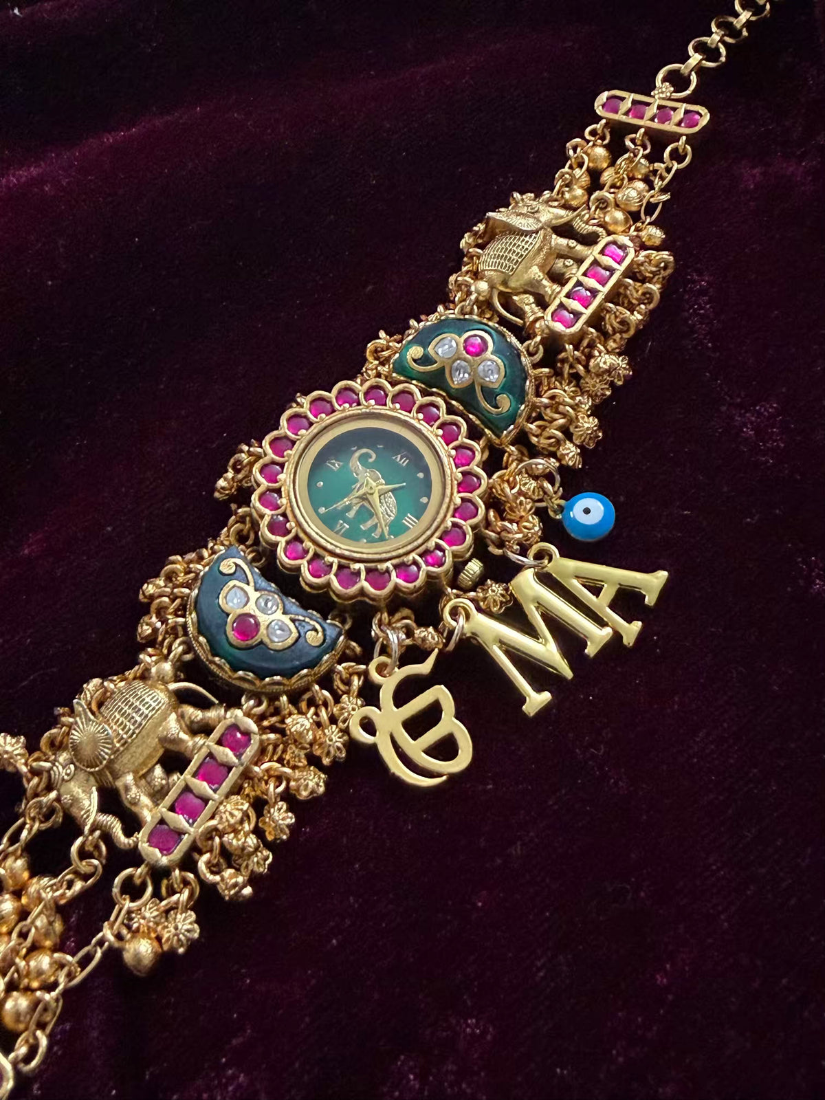 Emerald Green Ruby Halo Round Dial Evil Eye Charm Heritage Maharani Watch Bracelet