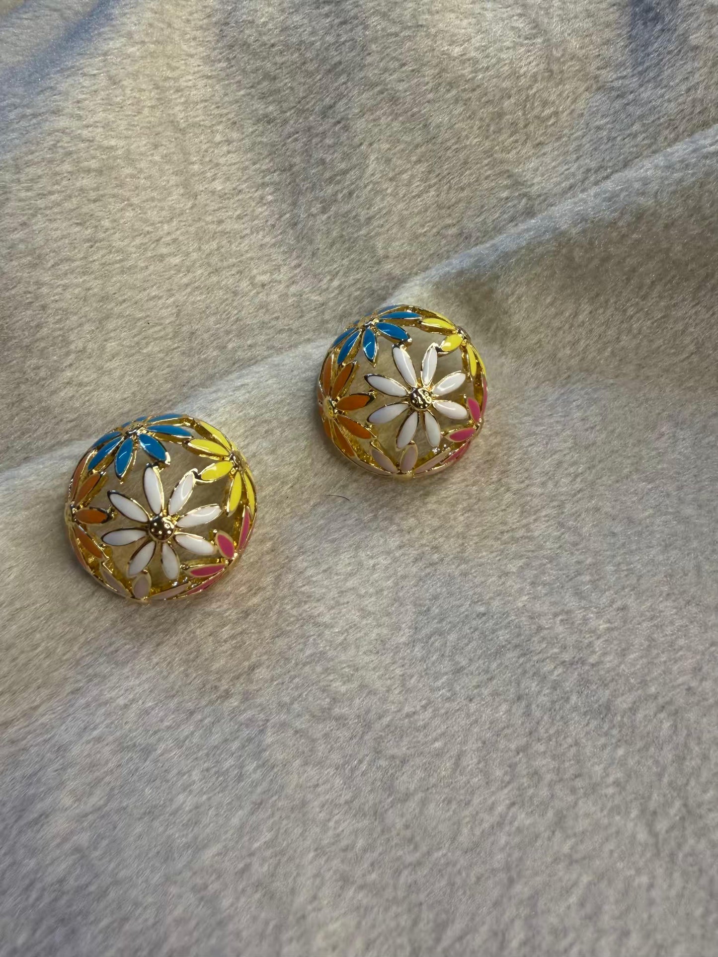 Multicolour Enamel Floral Dome Stud Gold Plated Earrings