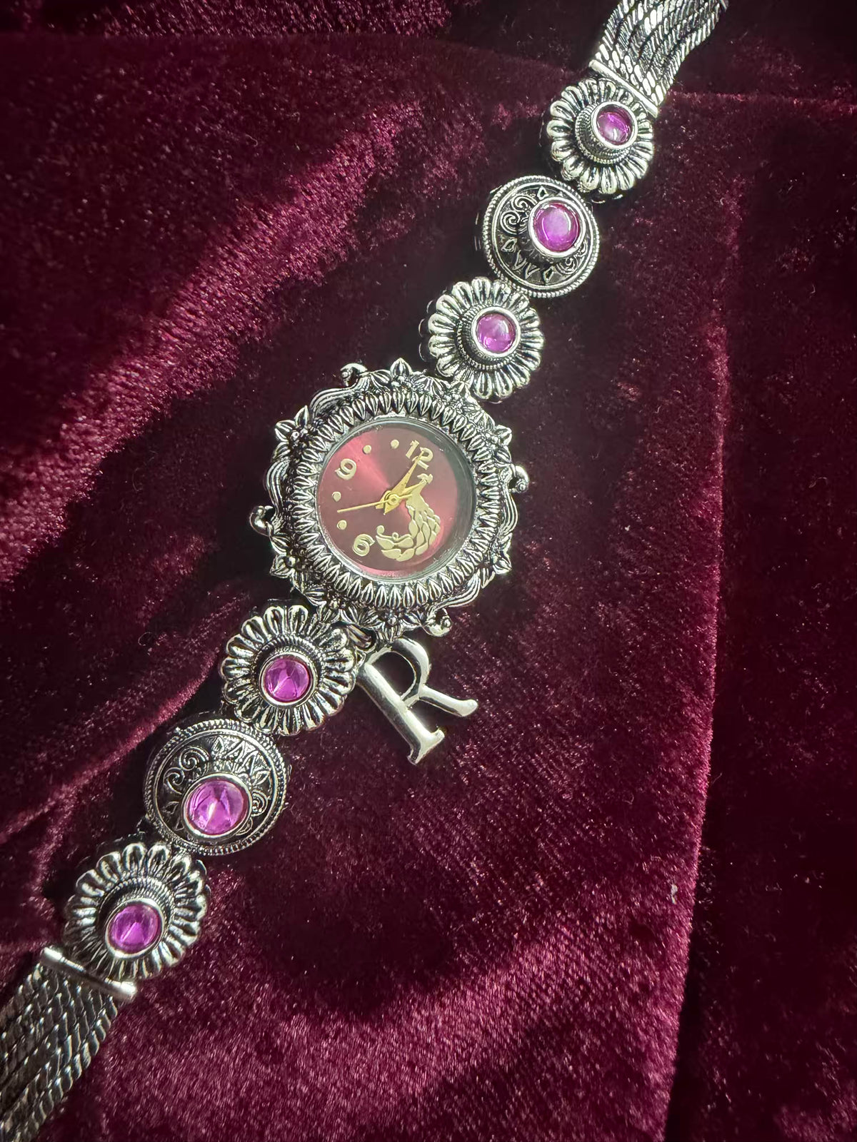 Royal Gulab Inspired Silver-Tone Navratri Oxidised Heritage Watch
