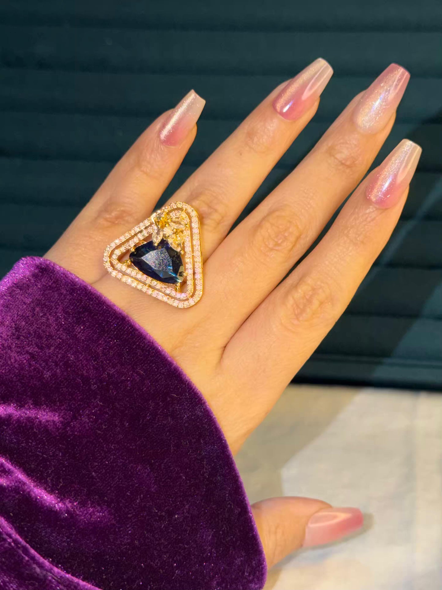 Dark Blue Triangle Diamond Silver Plated Premium Ring (Adjustable)