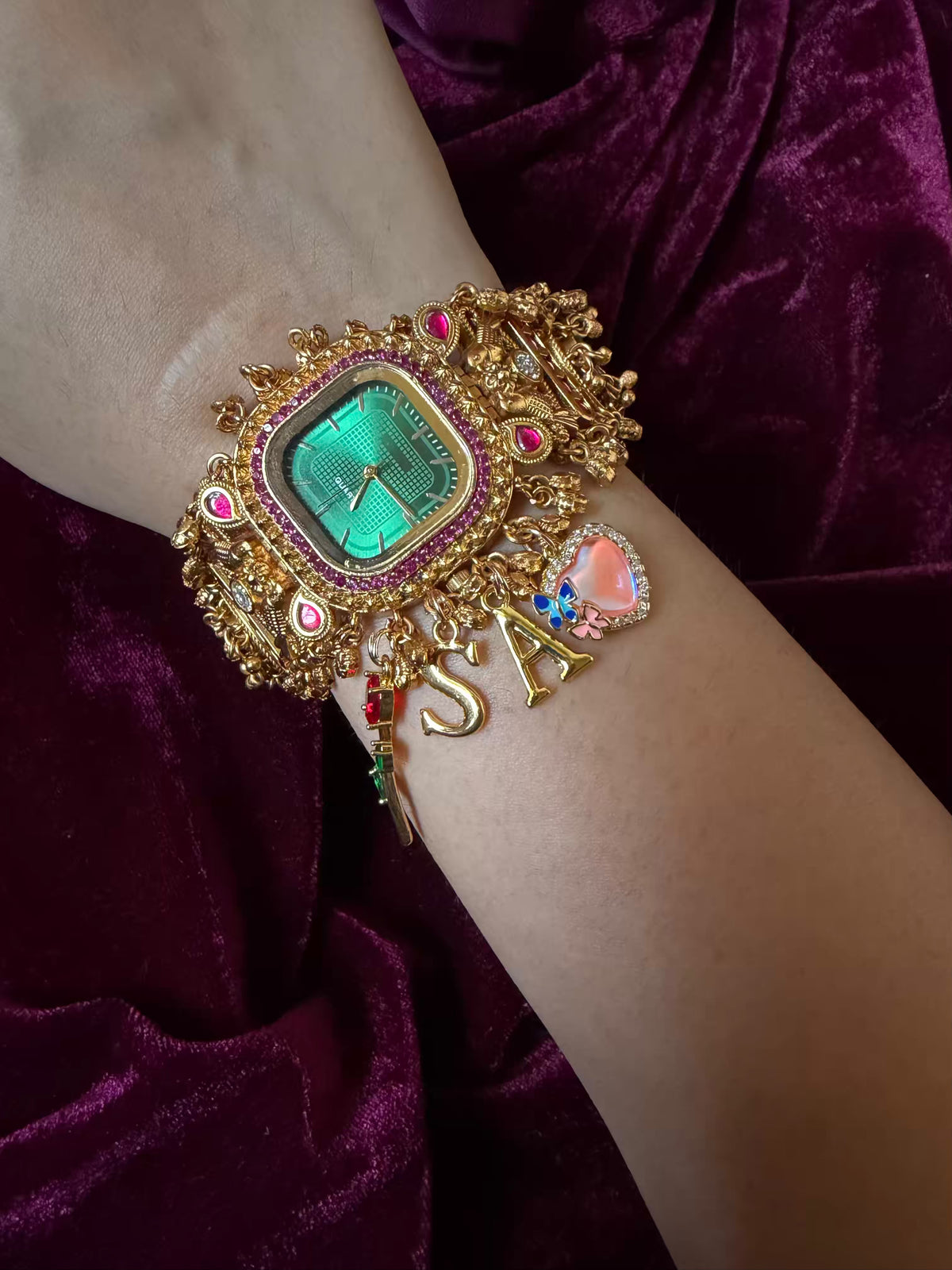 Emerald Green Square Dial Ruby Halo Floral Charm Maharani Watch Bracelet