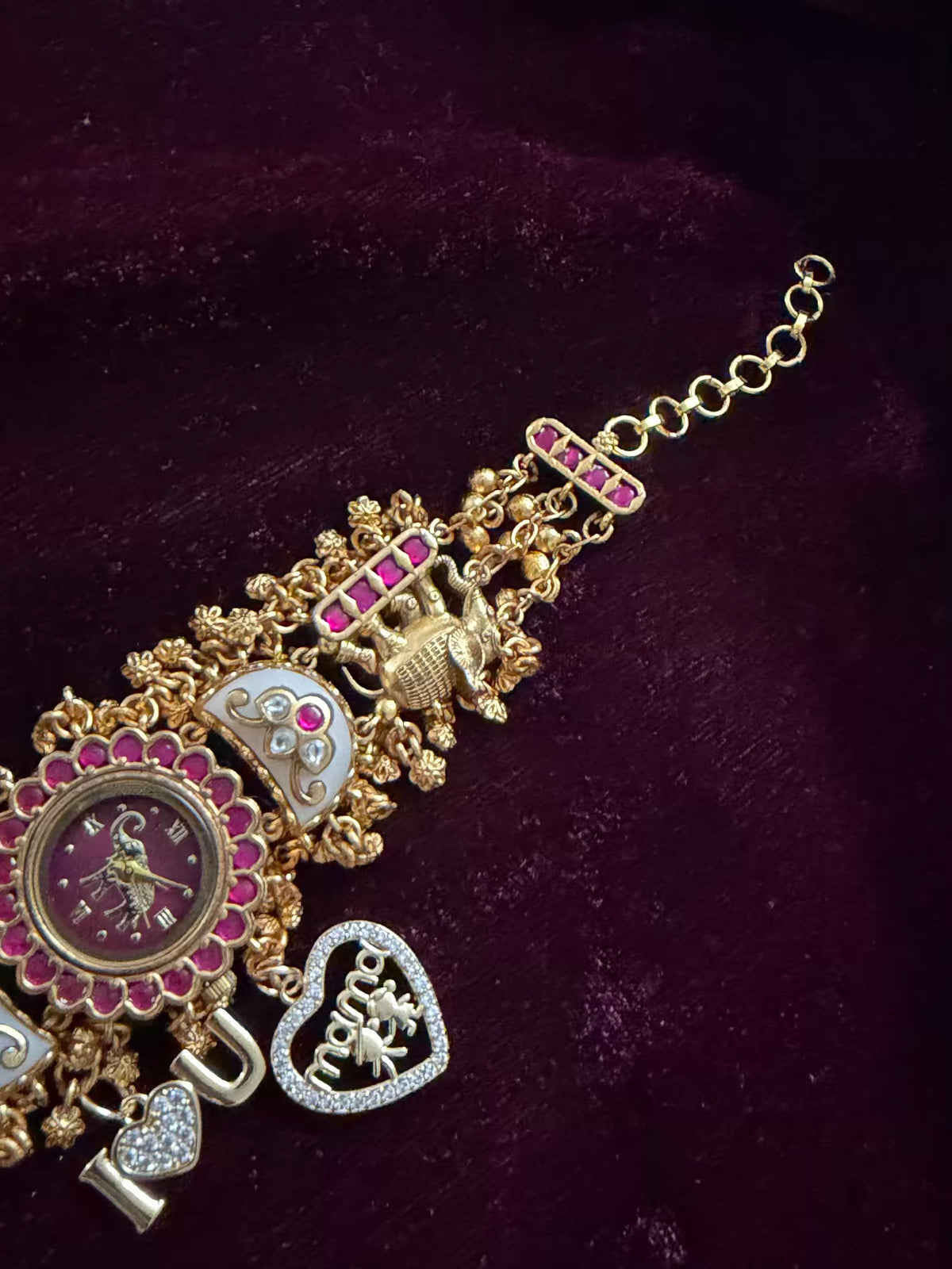 I Love You Mama Pink Stone Elephant Heritage Watch with Initials – Maharani Watch Bracelet