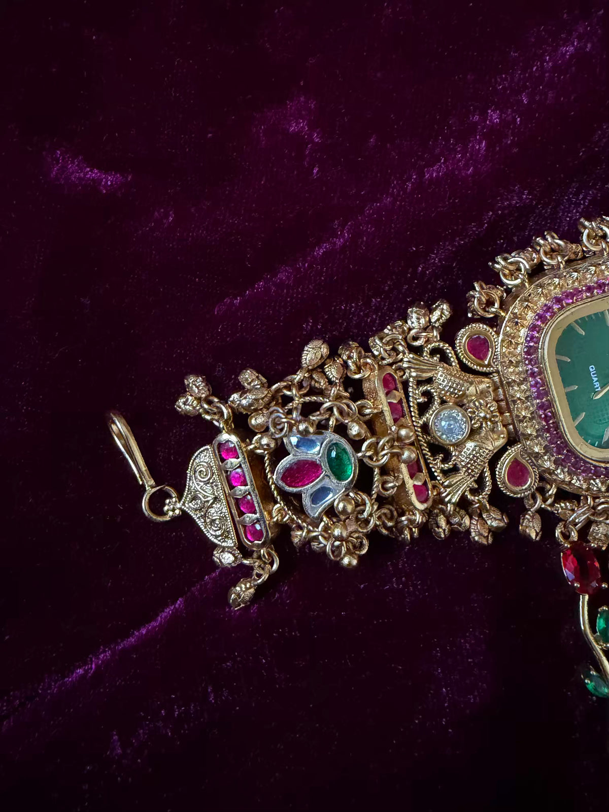 Emerald Green Square Dial Ruby Halo Floral Charm Maharani Watch Bracelet