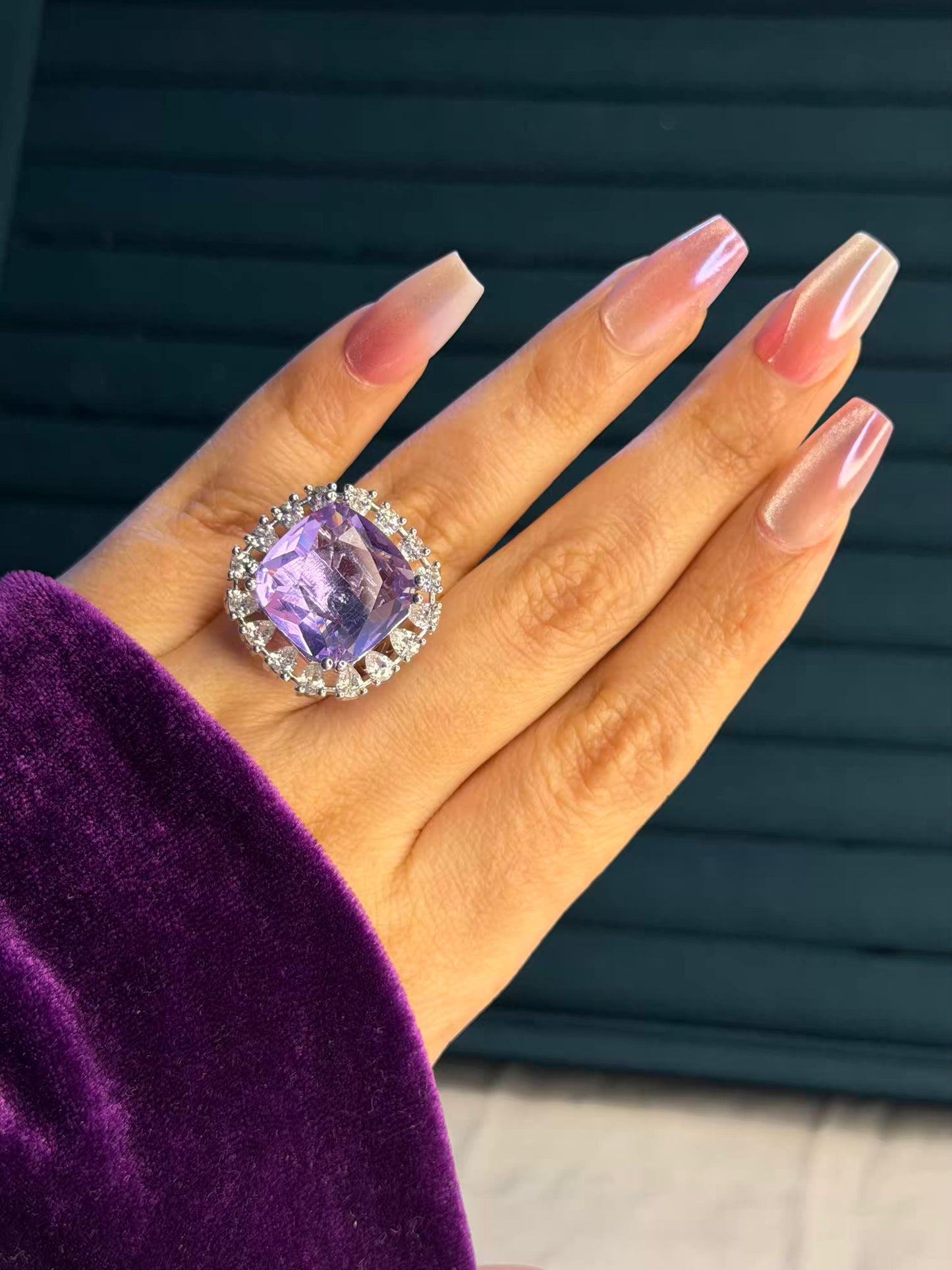 Purple Square Shape Stone Silver Plated Premium Ring (Adjustable)