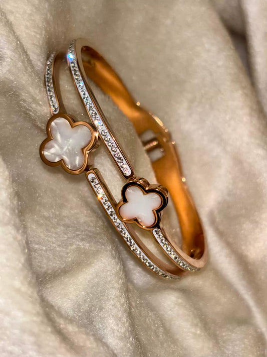 For Thin Wrist Double Clover Bangle 18K Gold plated Premium Bangle 2.2 - 2.4 Size