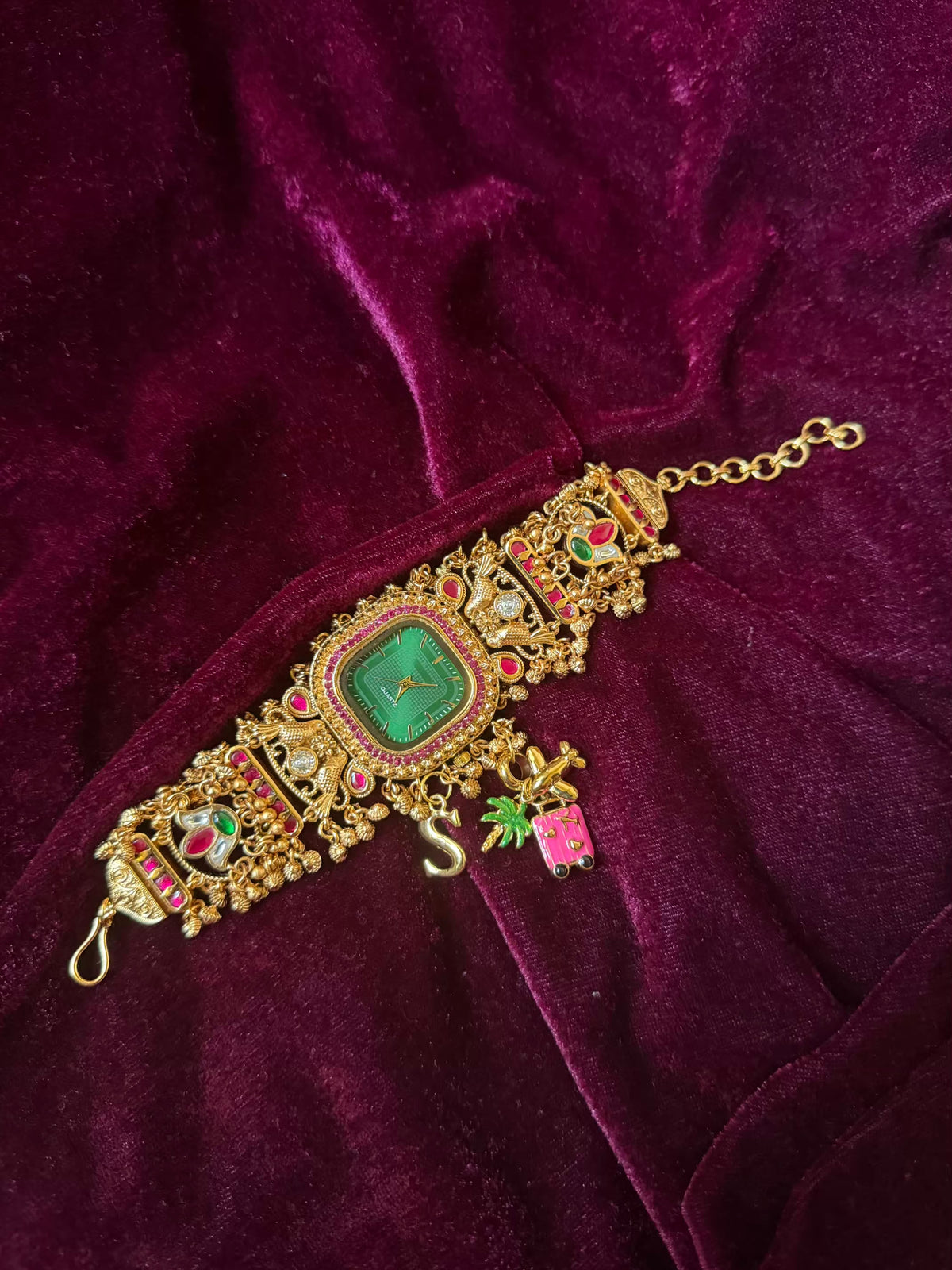 Emerald Royale Pineapple Charm Dial Maharani Watch Bracelet – Gold & Ruby Pink