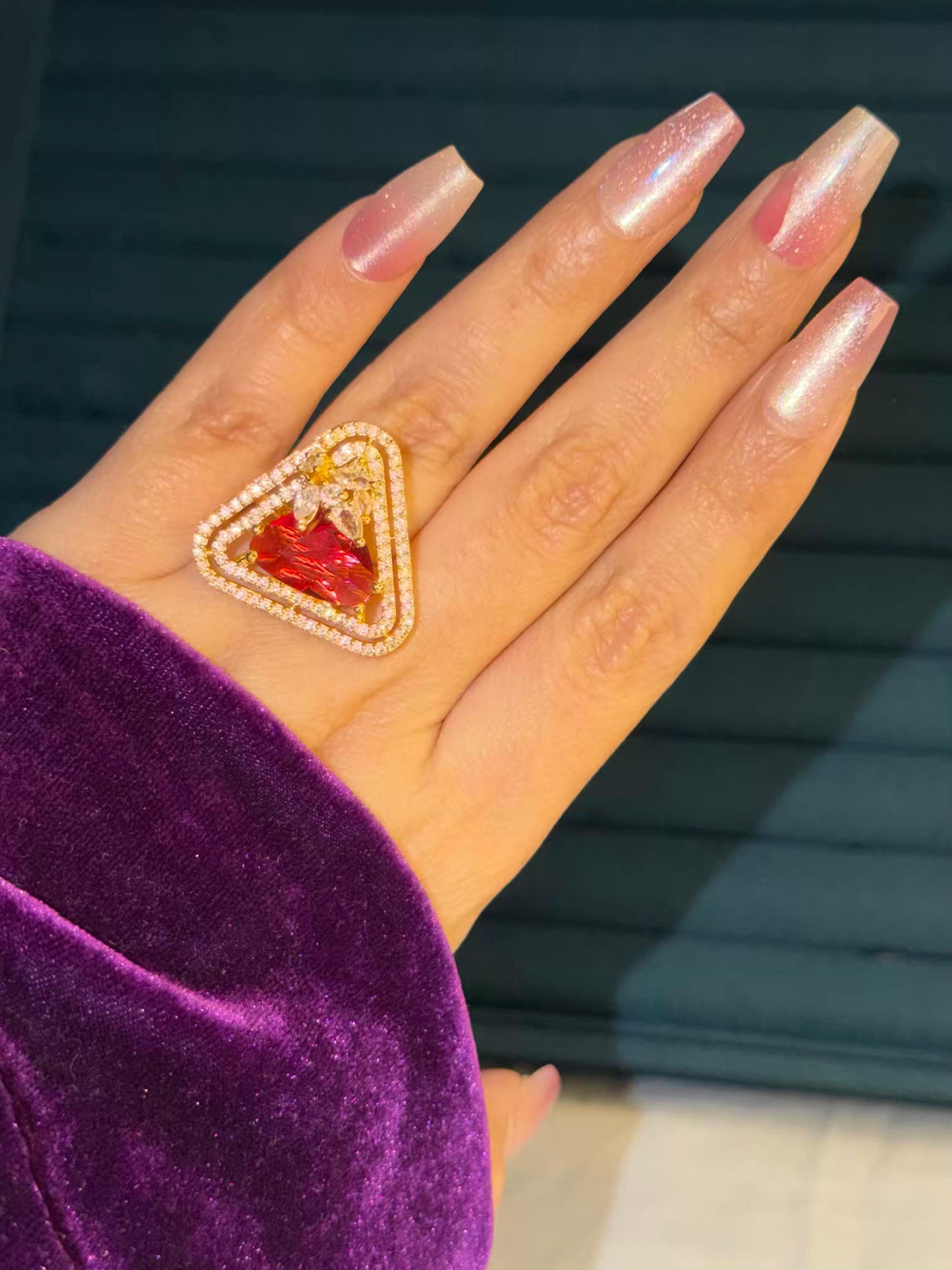 Red Triangle Stone Gold Plated Premium Ring (Adjustable)