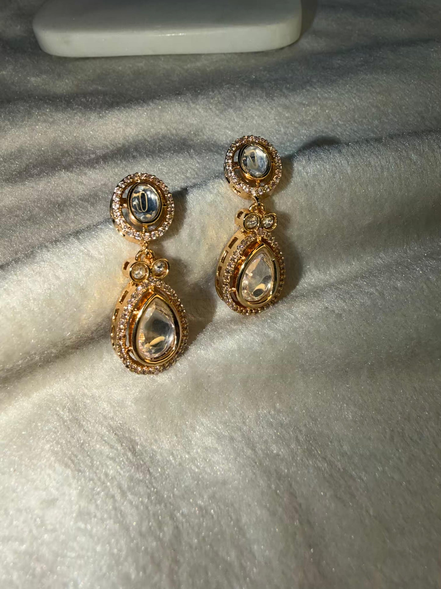 Classic Clear Kundan Drop Stud Gold Plated Earrings