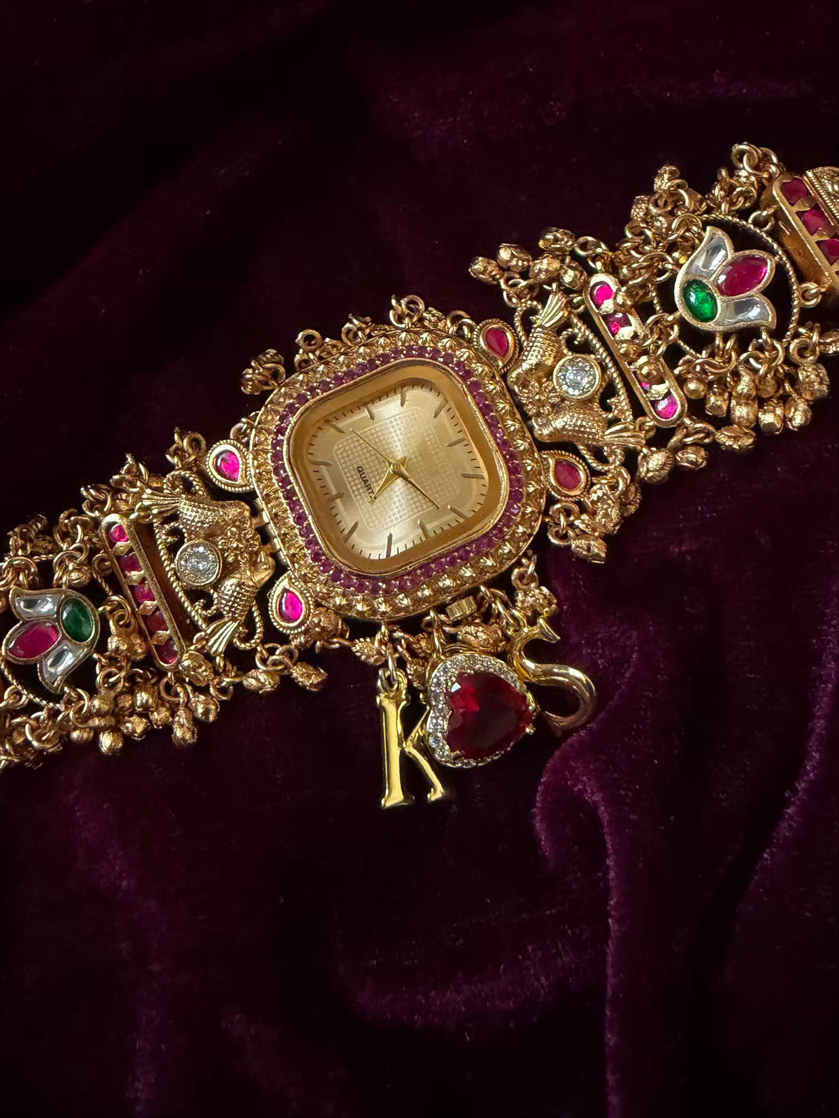 Ruby Heart Charm Golden Square Dial Maharani Watch Bracelet
