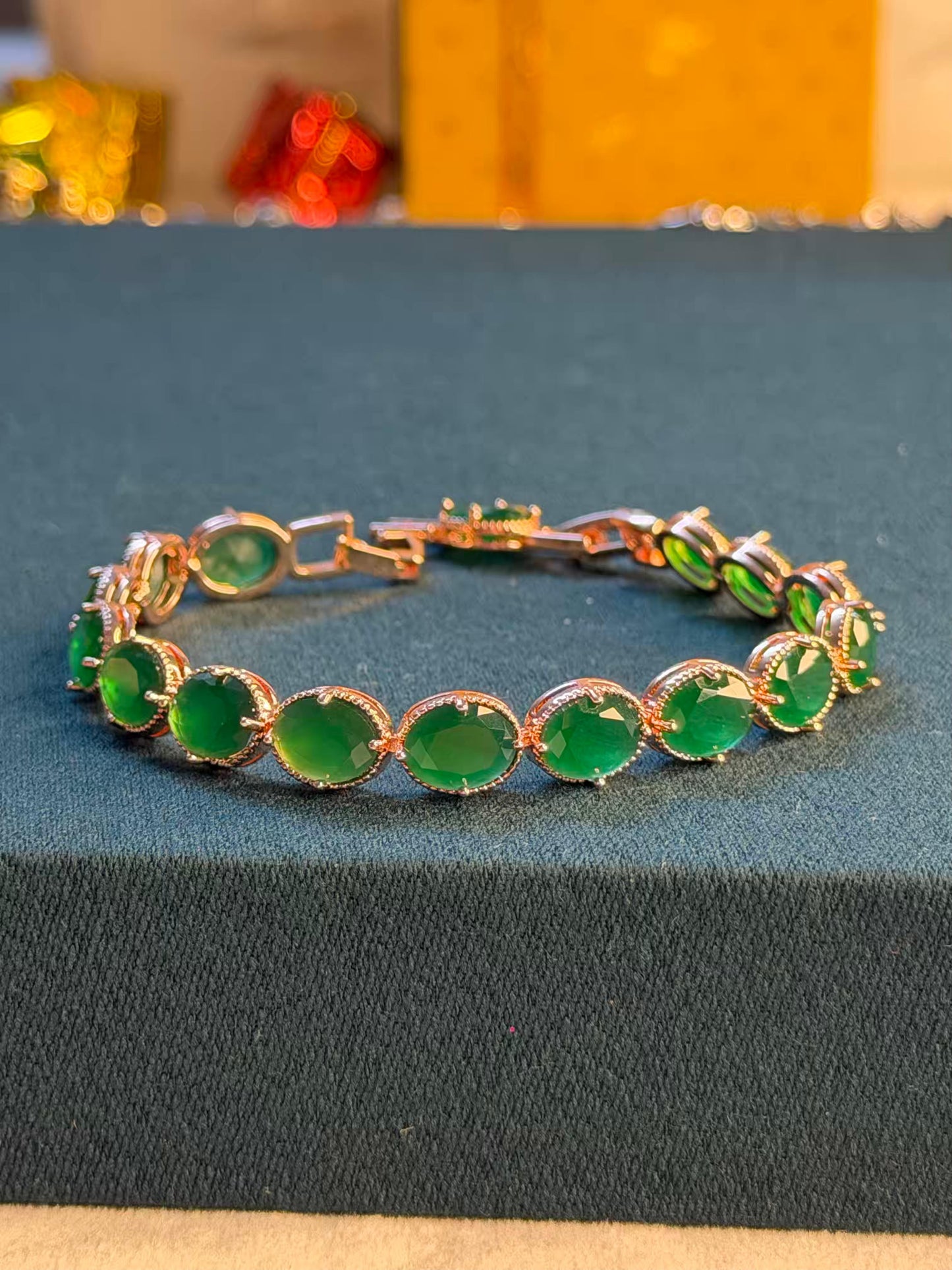 Emerald Green Oval Gold Plated Tennis Bracelet