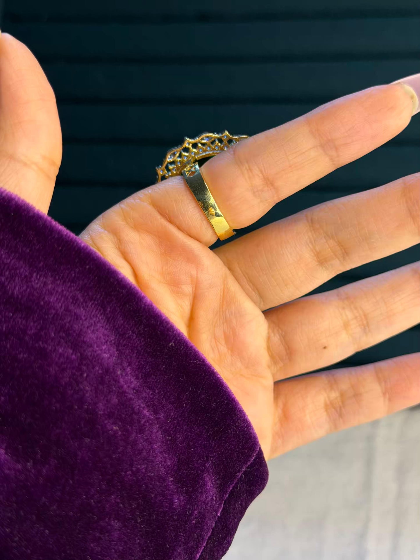 Emerald Green Stone Diamond Edge Gold Plated Premium Ring (Adjustable)