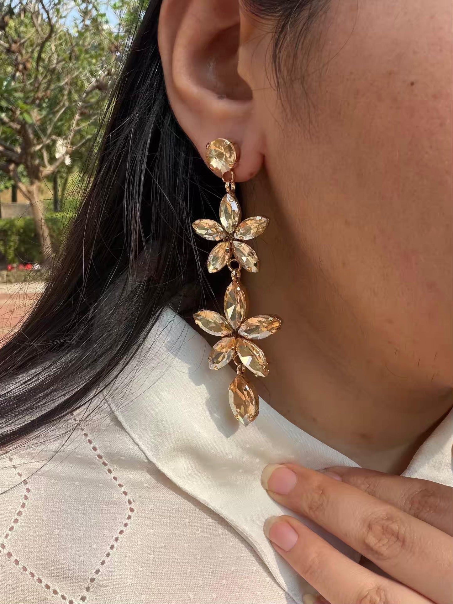 Golden Flower Shaped Long Gold Plated Earrings