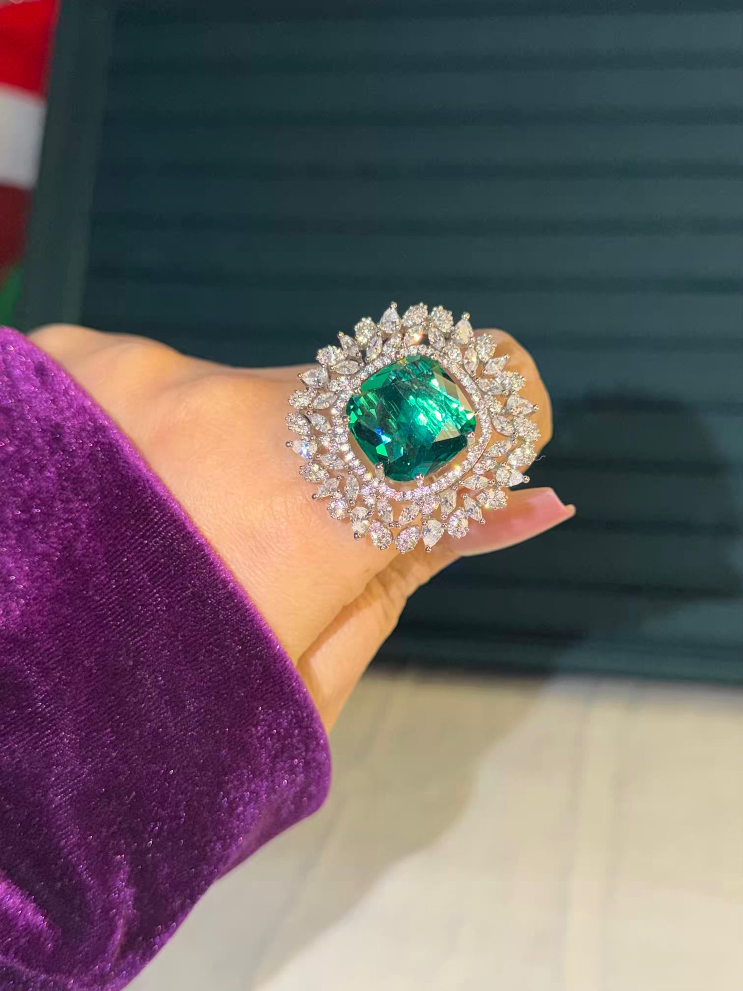 Green Square Diamond Edge Statement Silver Plated Premium Ring (Adjustable)