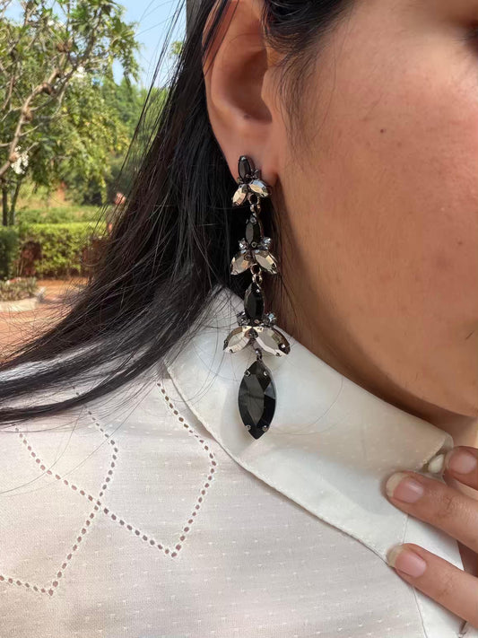 Black And Golden Triangle Long Gold Plated Earrings