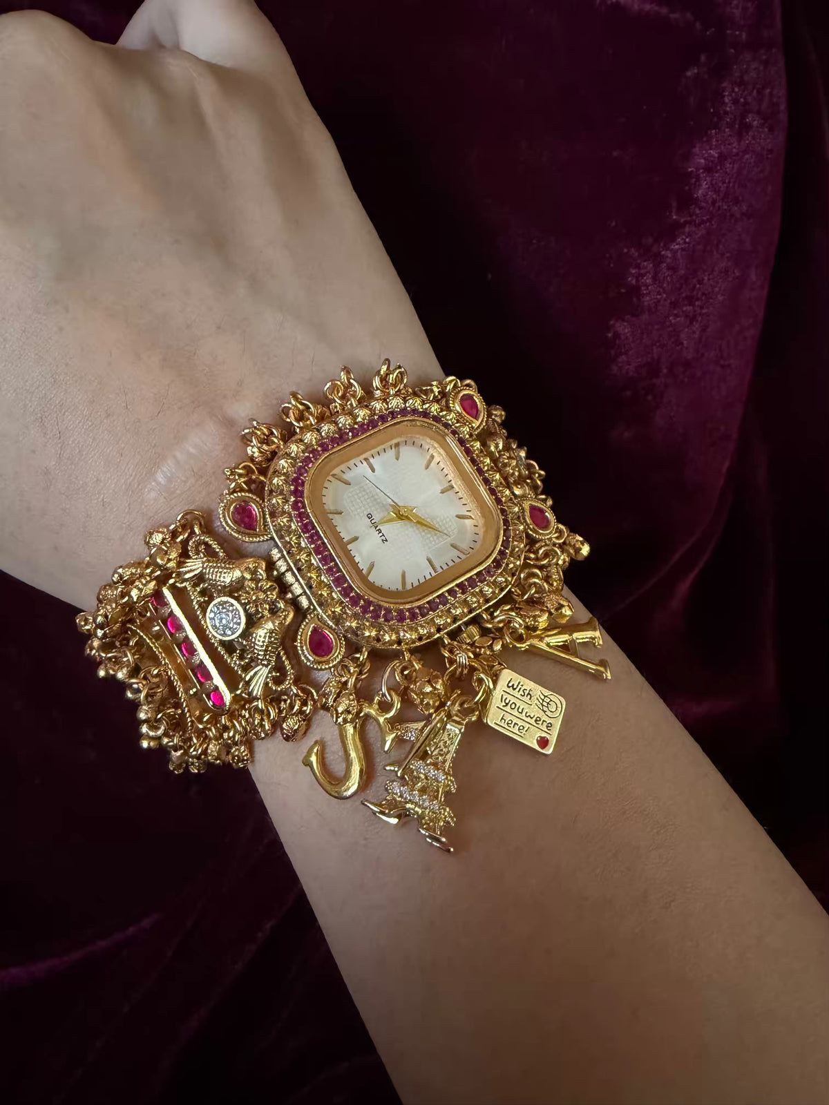 Ruby Charm Pink Stone Square Dial Maharani Watch Bracelet