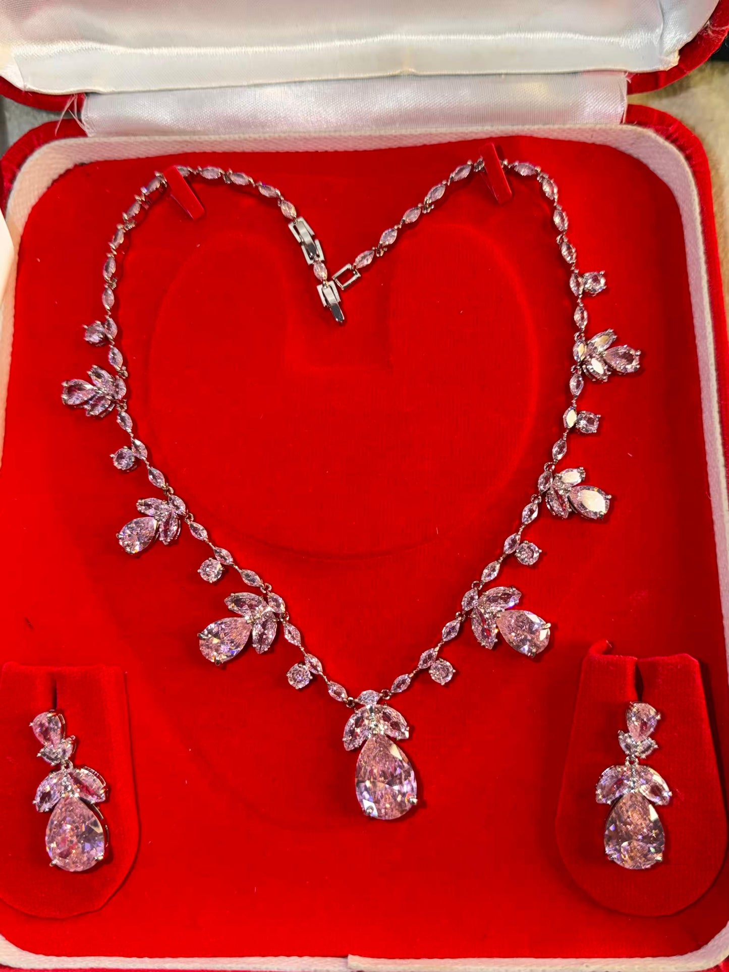 Pink Floral Rhodium Plated Necklace Set with Earrings