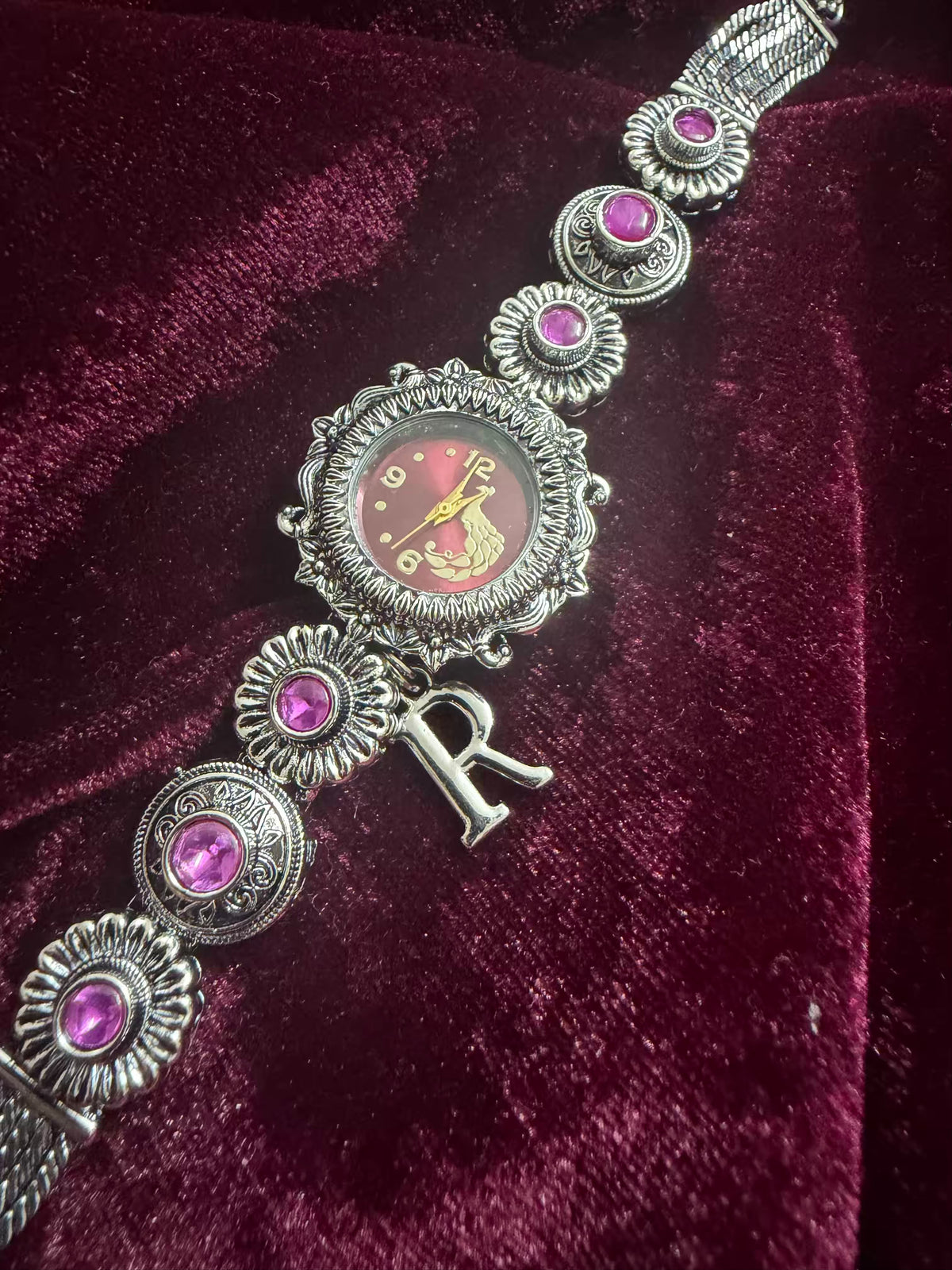 Royal Gulab Inspired Silver-Tone Navratri Oxidised Heritage Watch