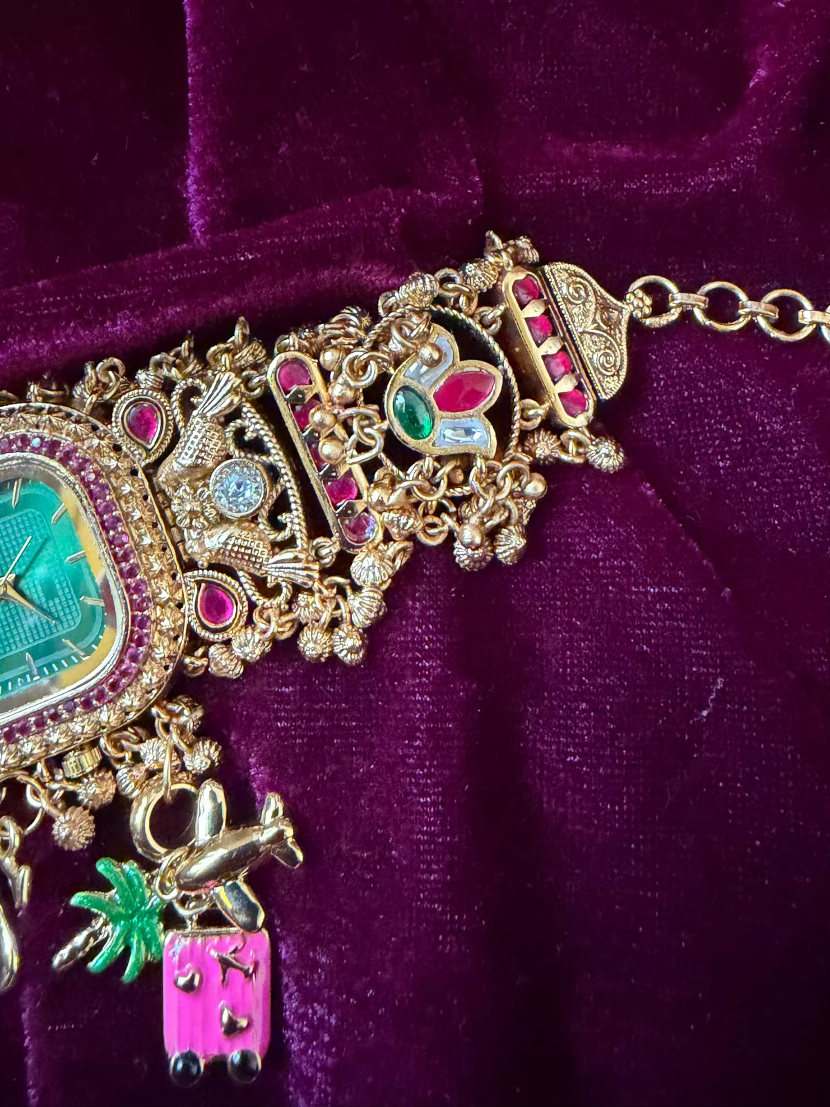Emerald Royale Pineapple Charm Dial Maharani Watch Bracelet – Gold & Ruby Pink