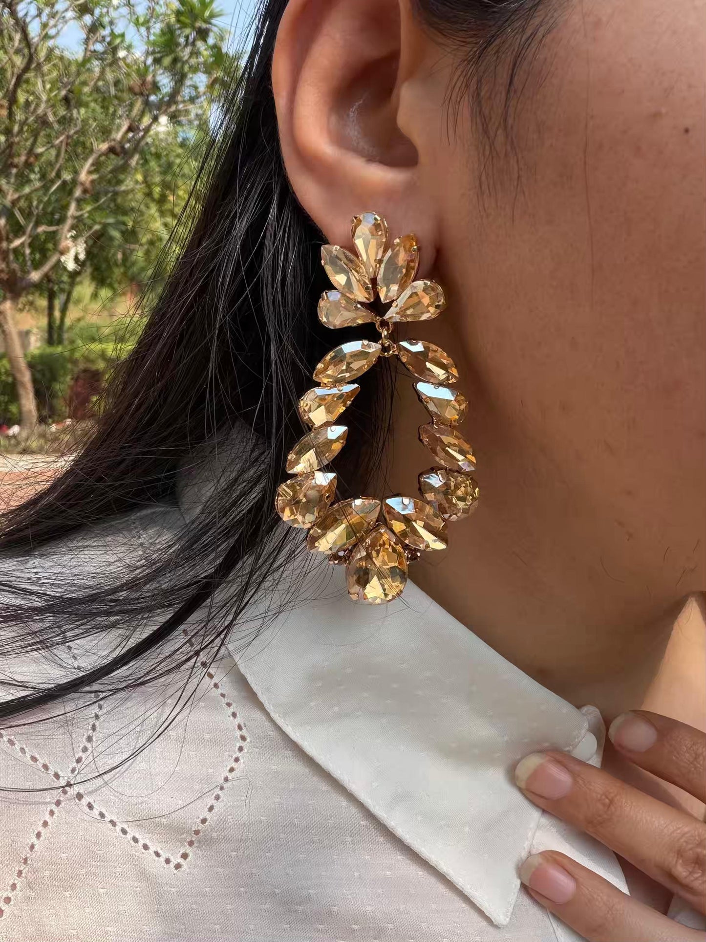 Golden Oval Shape Long Gold Plated Earrings