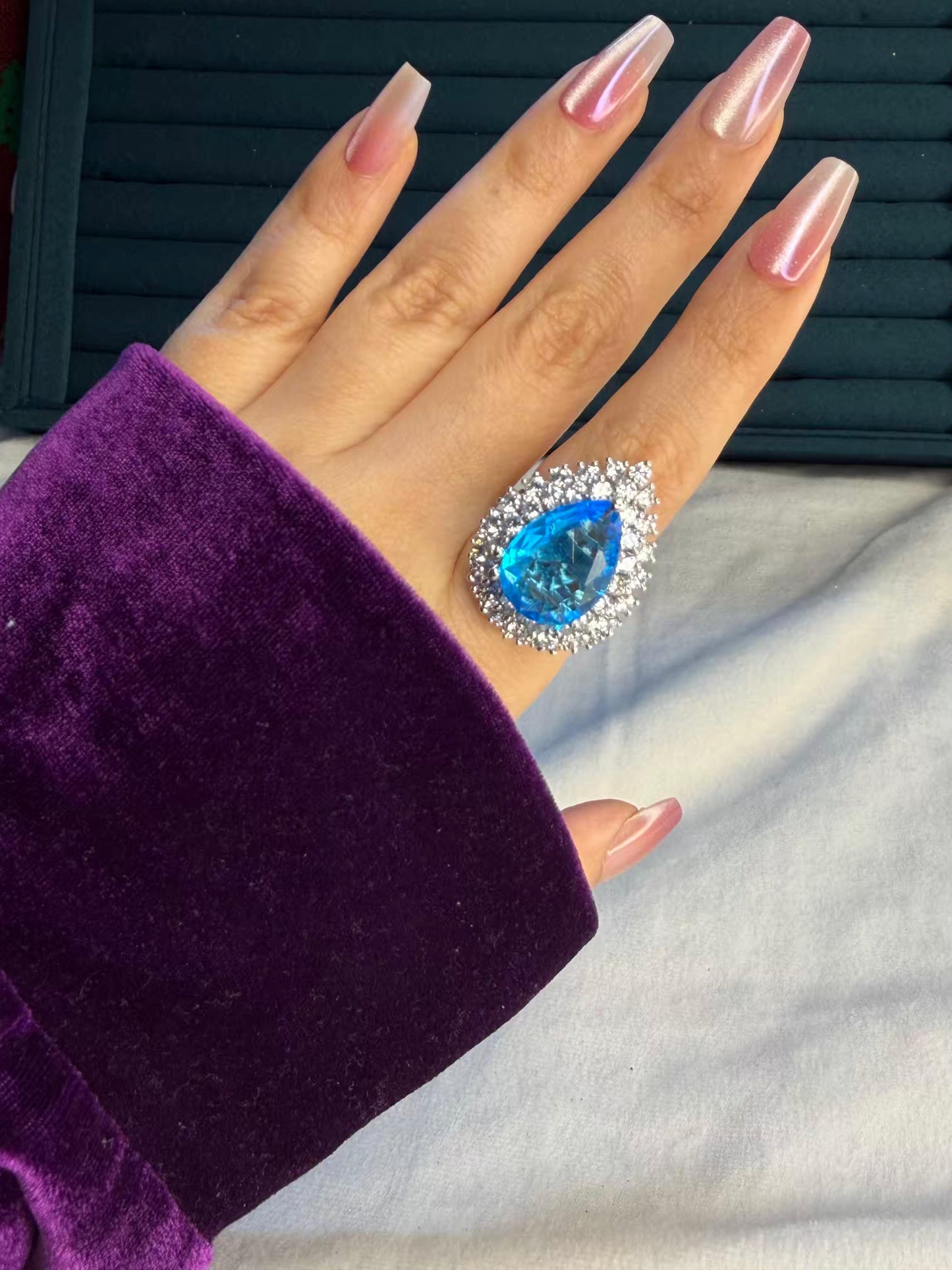 Blue Serene Majesty Silver Plated Premium Ring (Adjustable)