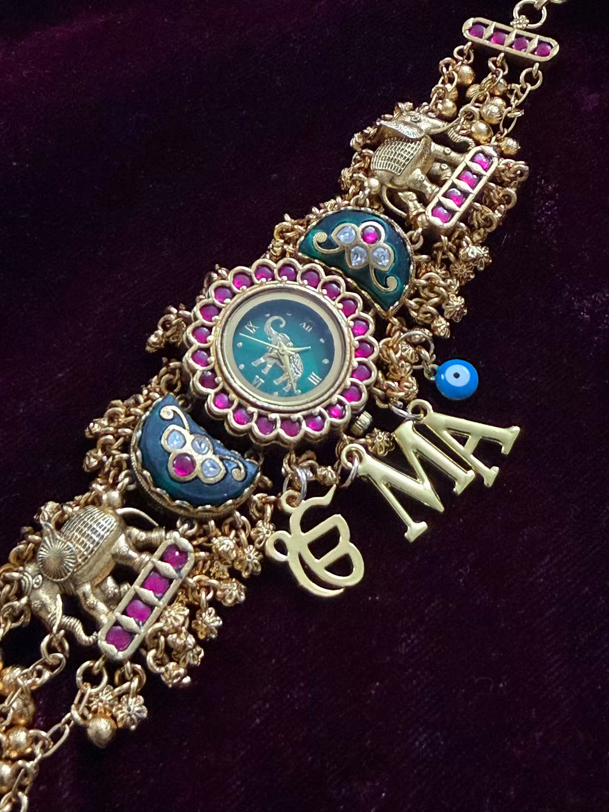 Emerald Green Ruby Halo Round Dial Evil Eye Charm Heritage Maharani Watch Bracelet