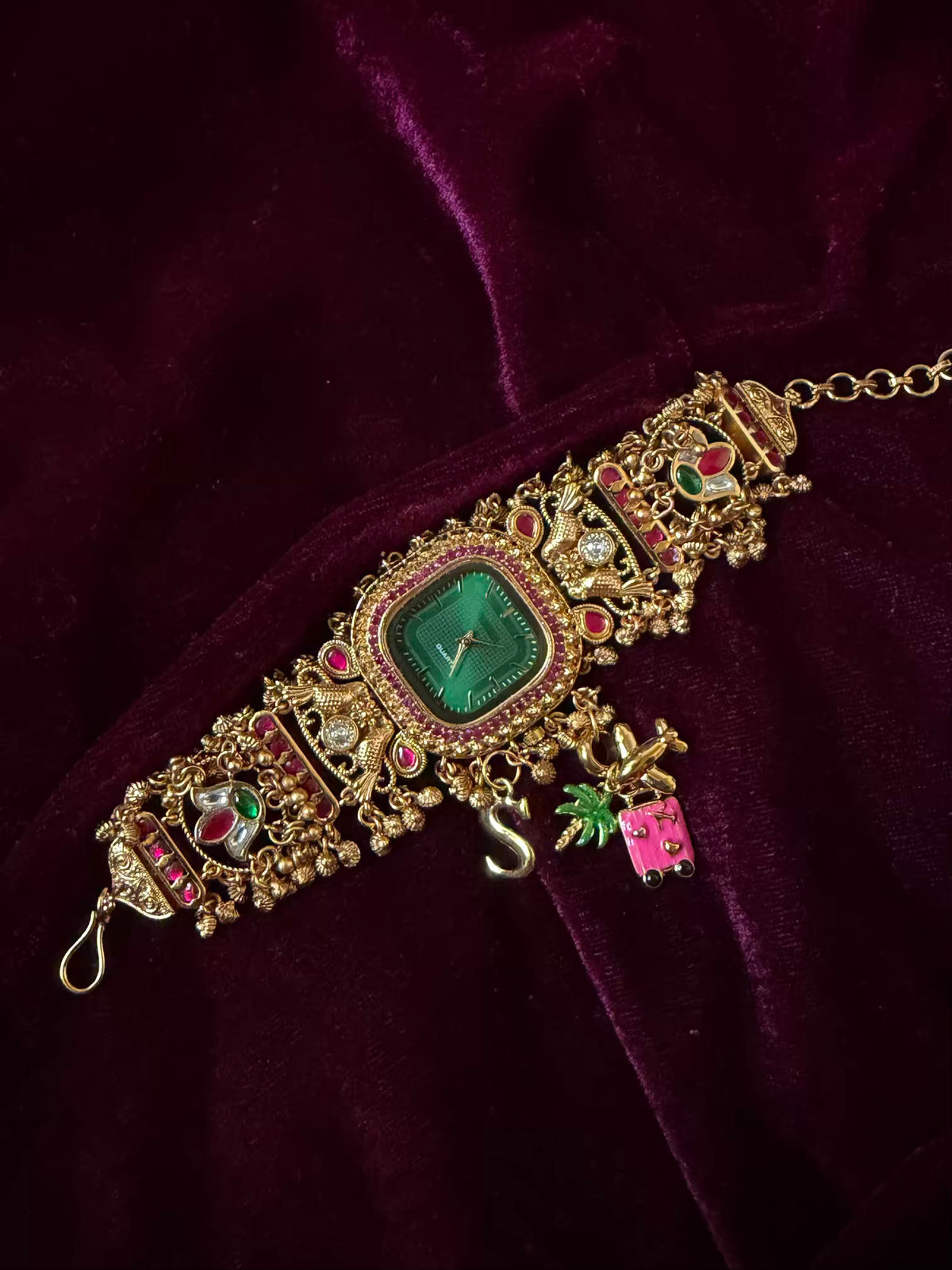 Emerald Royale Pineapple Charm Dial Maharani Watch Bracelet – Gold & Ruby Pink