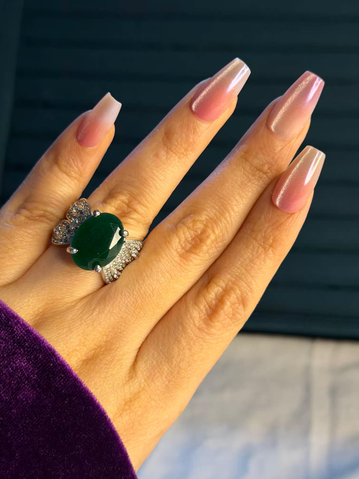 Emerald Green Oval Big Silver Plated Size 7 Us Ring