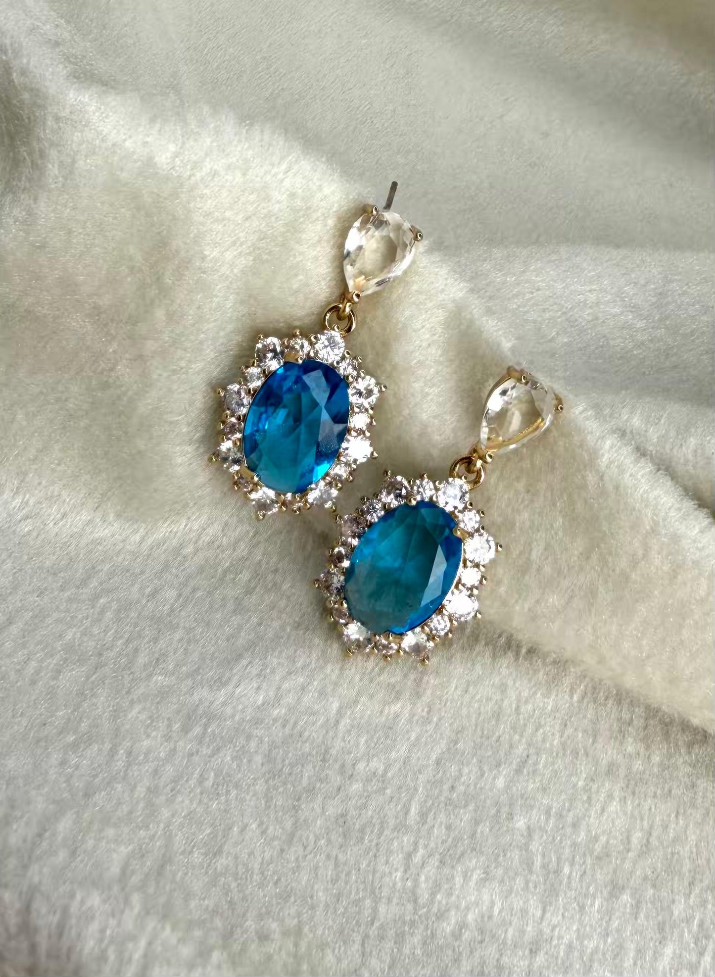 Royal Blue Halo Drop Gold Plated Earrings