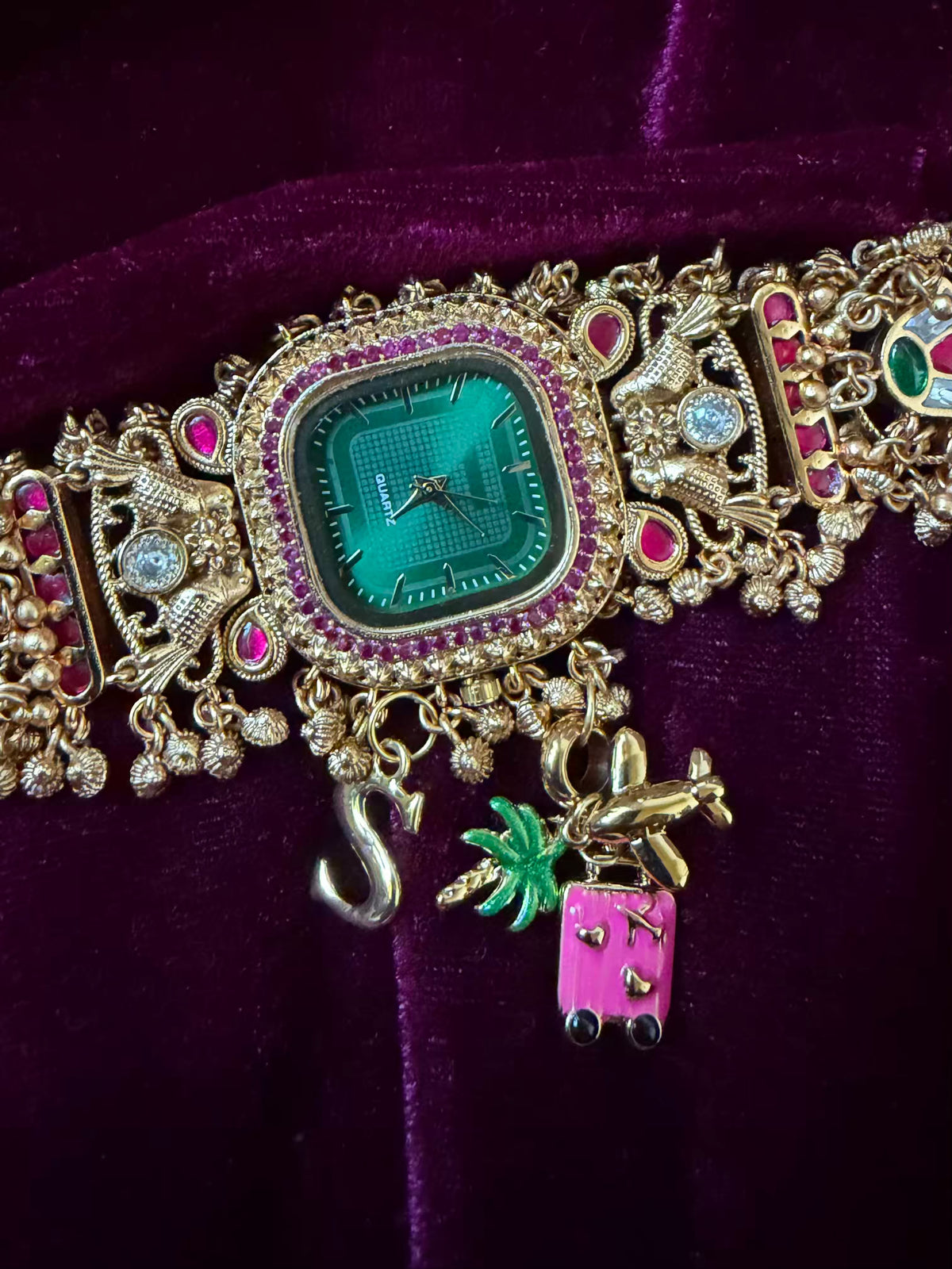 Emerald Royale Pineapple Charm Dial Maharani Watch Bracelet – Gold & Ruby Pink