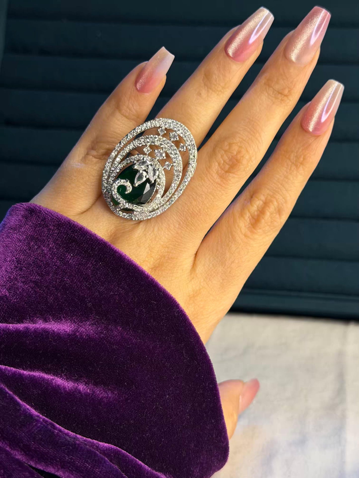 Emerald Seraph Swirl Silver Plated Premium Ring (Adjustable)